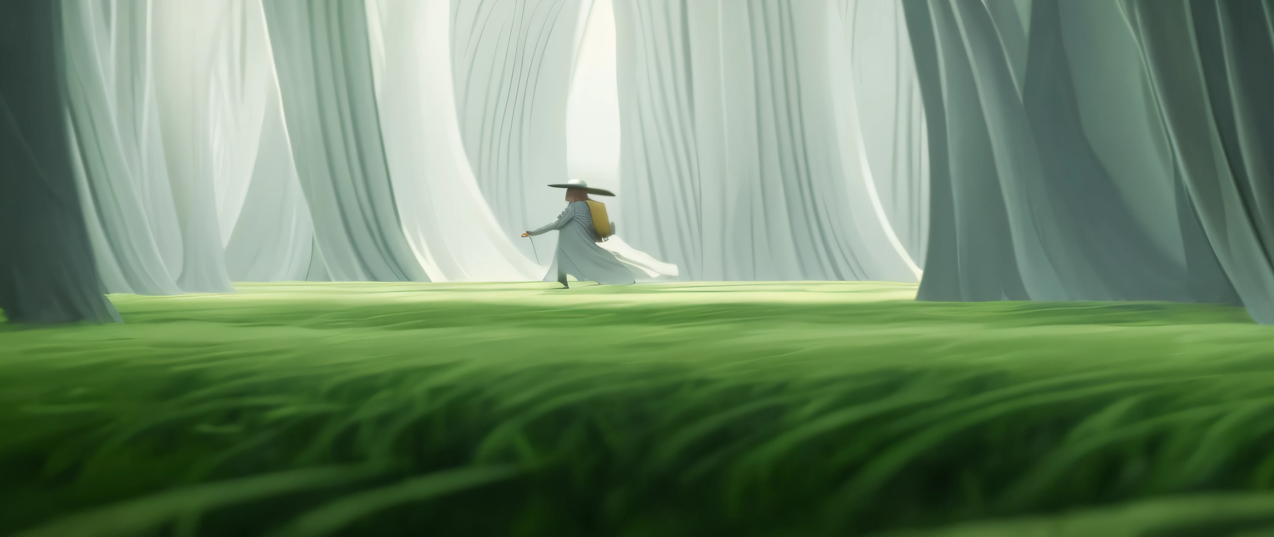 There was a man walking through a green meadow, inspired by Jakub Schikaneder, Inspired by Gediminas Plankevichus, movie concept art, a still of an ethereal, blurry and dreamy illustration, inspired by Igor Kieryluk, fantasy movie still, lost in a dreamy fairy landscape, By Fei Danxu