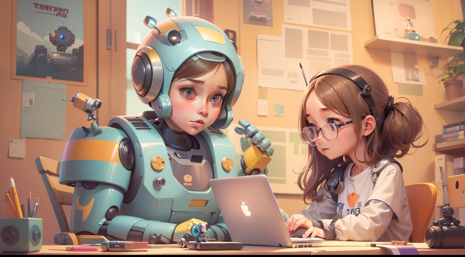 Cartoon of girl sitting at desk with robot and laptop, Girl Meets Robot, Women and robots, Adorable Digital Painting, adorable friendly robot, loish van baarle, Cute robot, cute humanoid robot, loish and goro fujita, digital 2D illustration, cute detailed digital art, Robot Portrait, 2D Illustration