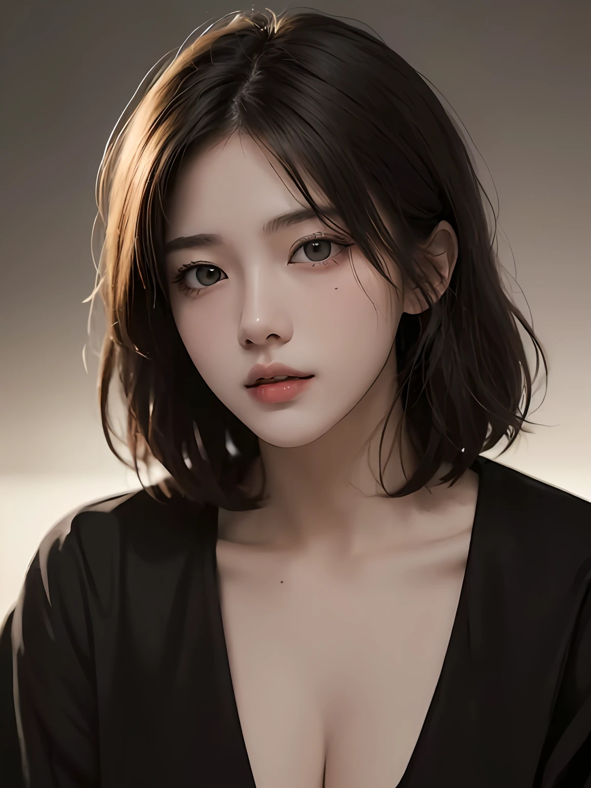 best qualtiy，tmasterpiece，超高分辨率，Realistic photos，1girll，In the dark，deep shading，low tune，cold light，Sexy look，short detailed hair。