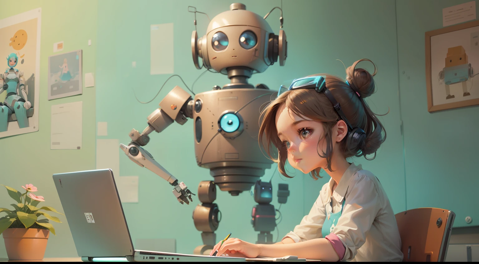 Cartoon of girl sitting at desk with robot and laptop, Girl Meets Robot, Women and robots, Adorable Digital Painting, adorable friendly robot, loish van baarle, Cute robot, cute humanoid robot, loish and goro fujita, digital 2D illustration, cute detailed digital art, Robot Portrait, 2D Illustration