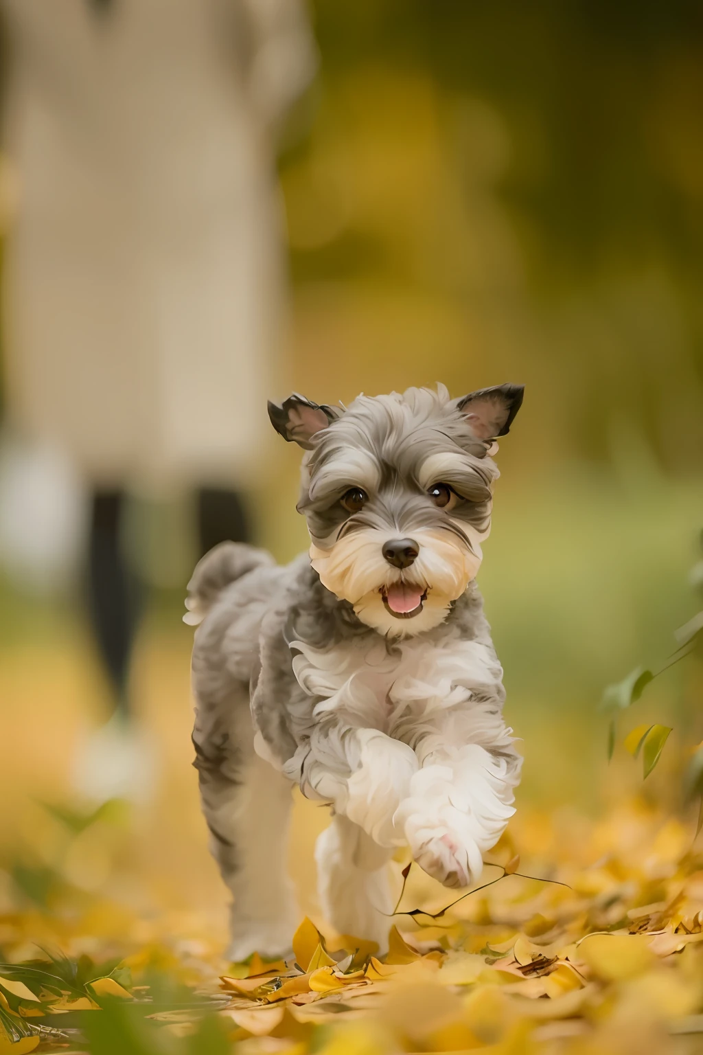 There was a small dog running on a leaf-covered path, havanese dog, running towards camera, running towards camera, small dog, Schnauzers, running fast towards the camera, author：Emma Andievska, Photo taken with Nikon D 7 5 0, Photo taken with Nikon D750, Cute dog, awww, Correr libremente, autum