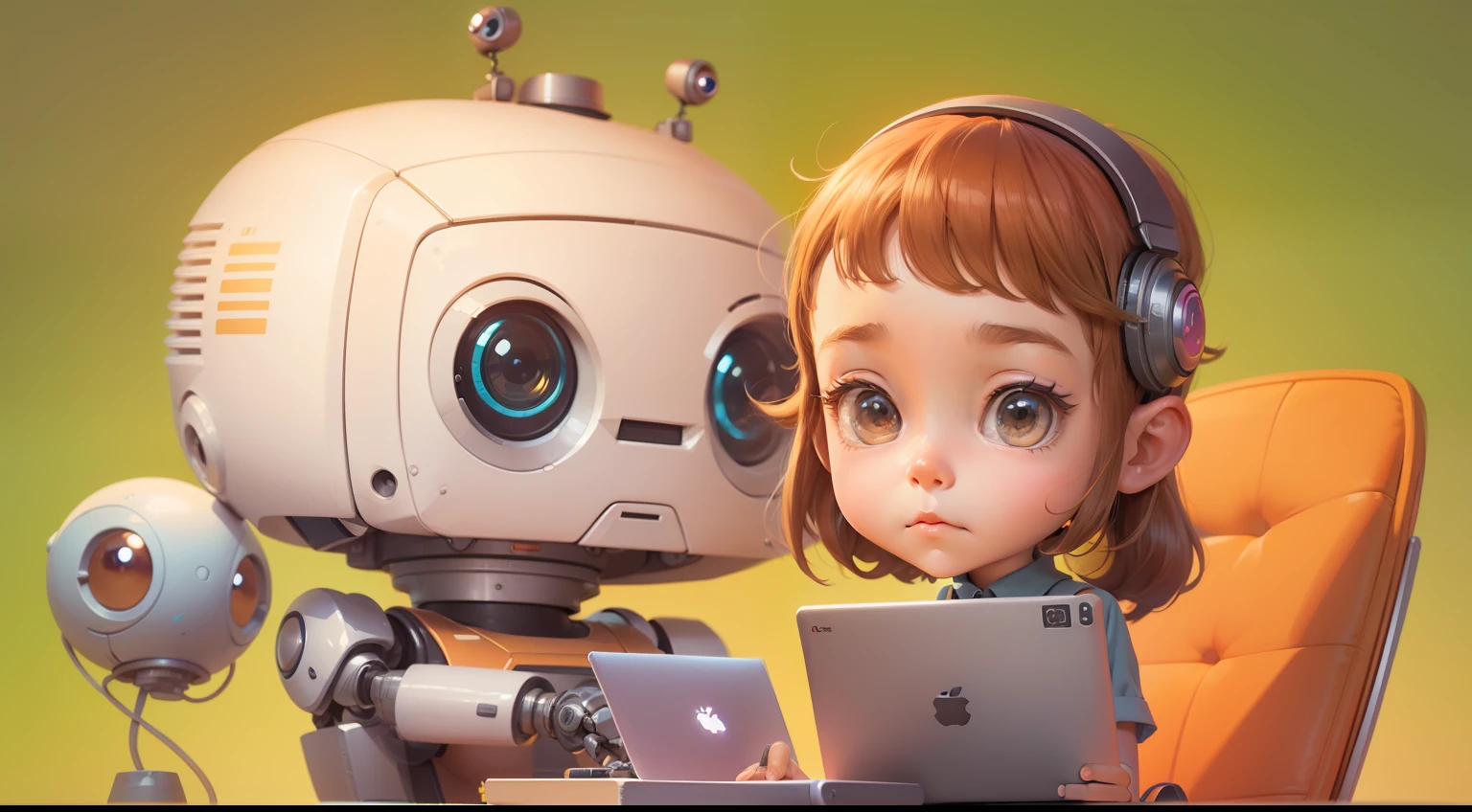 Cartoon of girl sitting at desk with robot and laptop, Girl Meets Robot, Women and robots, Adorable Digital Painting, adorable friendly robot, loish van baarle, Cute robot, cute humanoid robot, loish and goro fujita, digital 2D illustration, cute detailed digital art, Robot Portrait, 2D Illustration