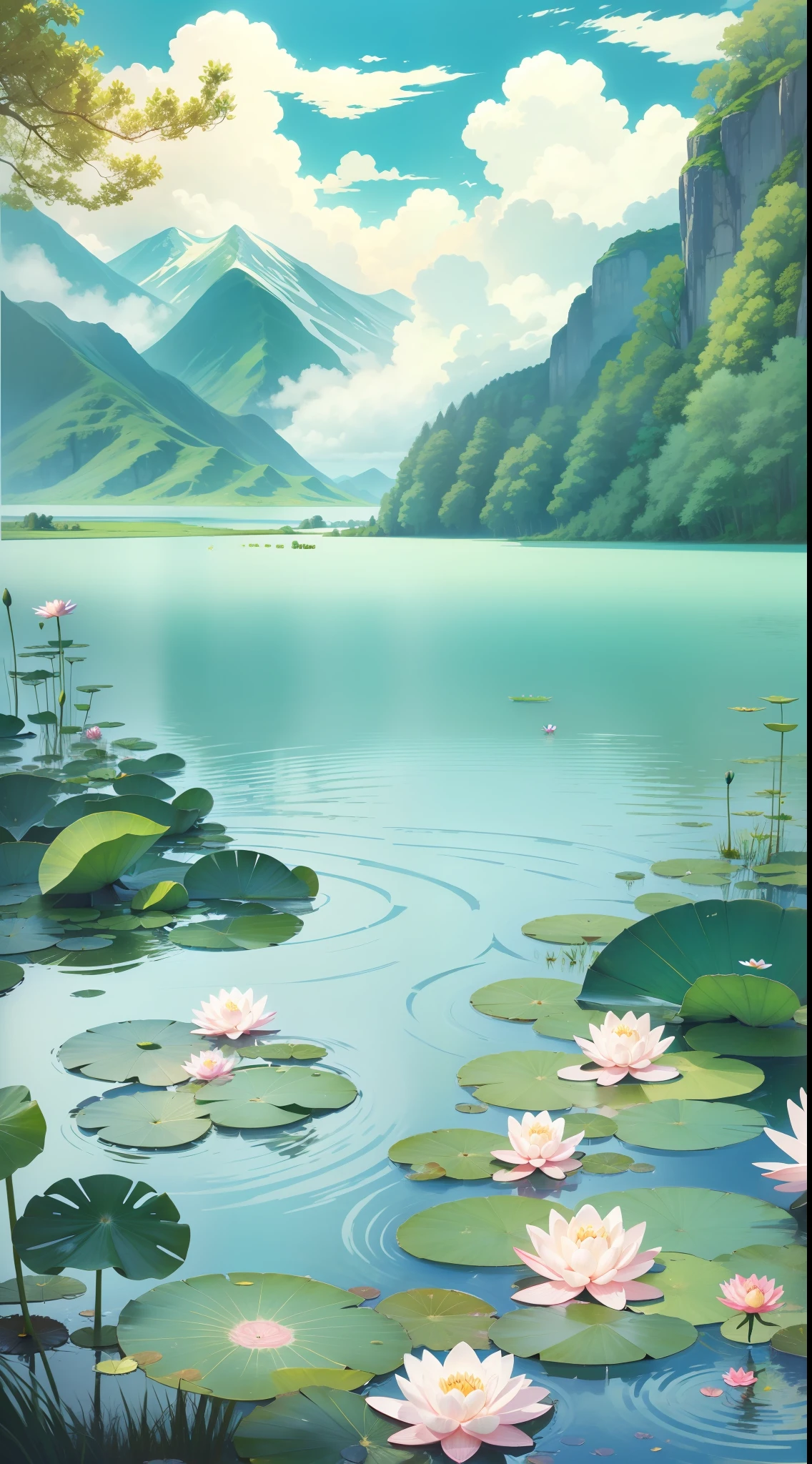 In the foreground is a lake, there is a water lily and lotus leaf in the lake, green mountains, blue sky and white clouds, jeepley style, two-dimensional, celluloid, illustrations, natural landscape, wind, summer, bright colors, sunlight