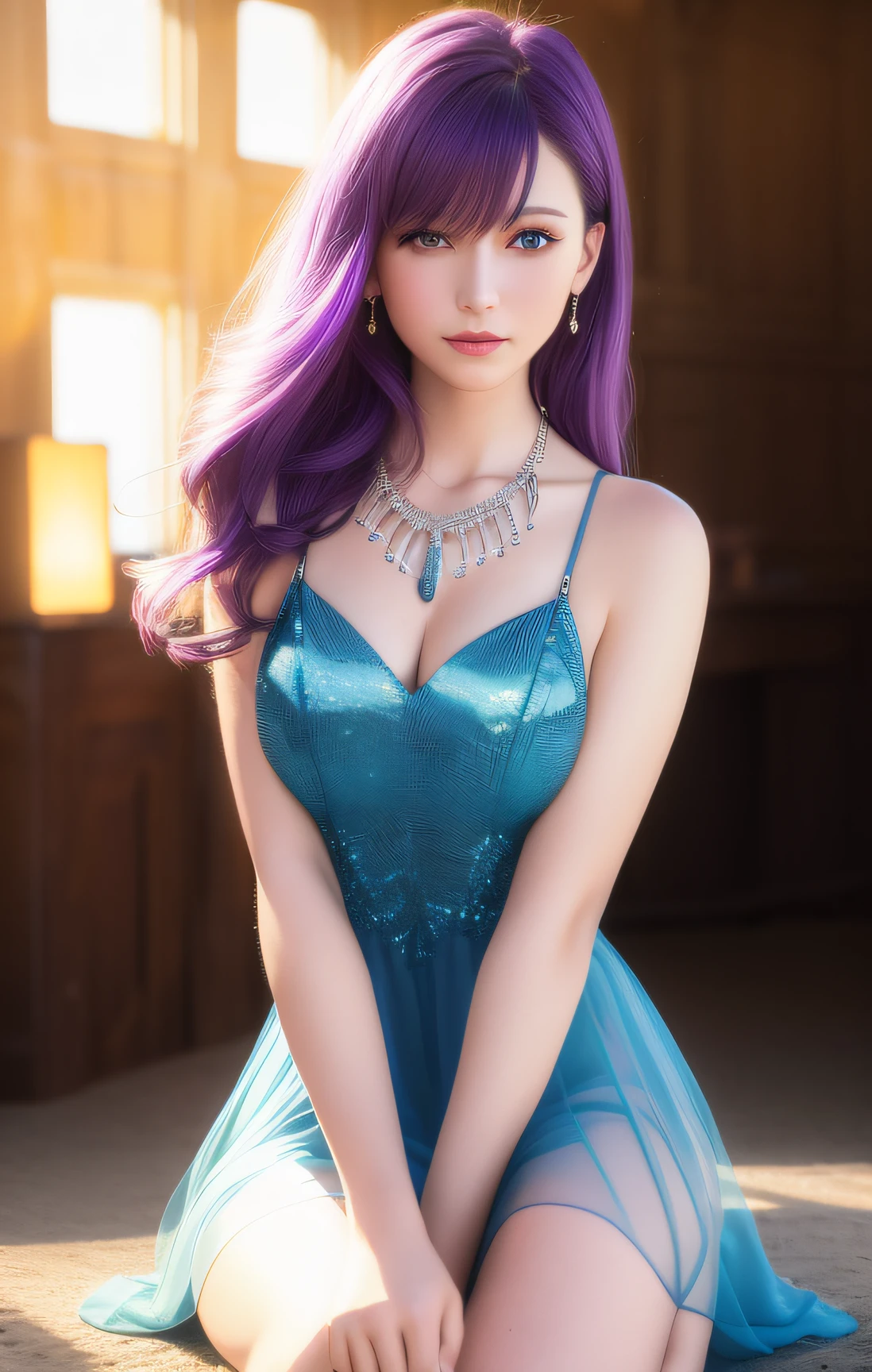 best quality, masterpiece, high_res, 1girl, hair ornament, necklace, jewelry, Beautiful face, tyndall effect, photo realistic, rim lighting, two tone lighting, (high detailed skin:1.2), 8k uhd, dslr, soft lighting, high quality, volumetric lighting, candid, Photograph, high resolution, 4k, 8k, Bokeh, medium breasts, absurdres, purple hair color, view of the body from head to knees, blue eyes, transparent dress,
