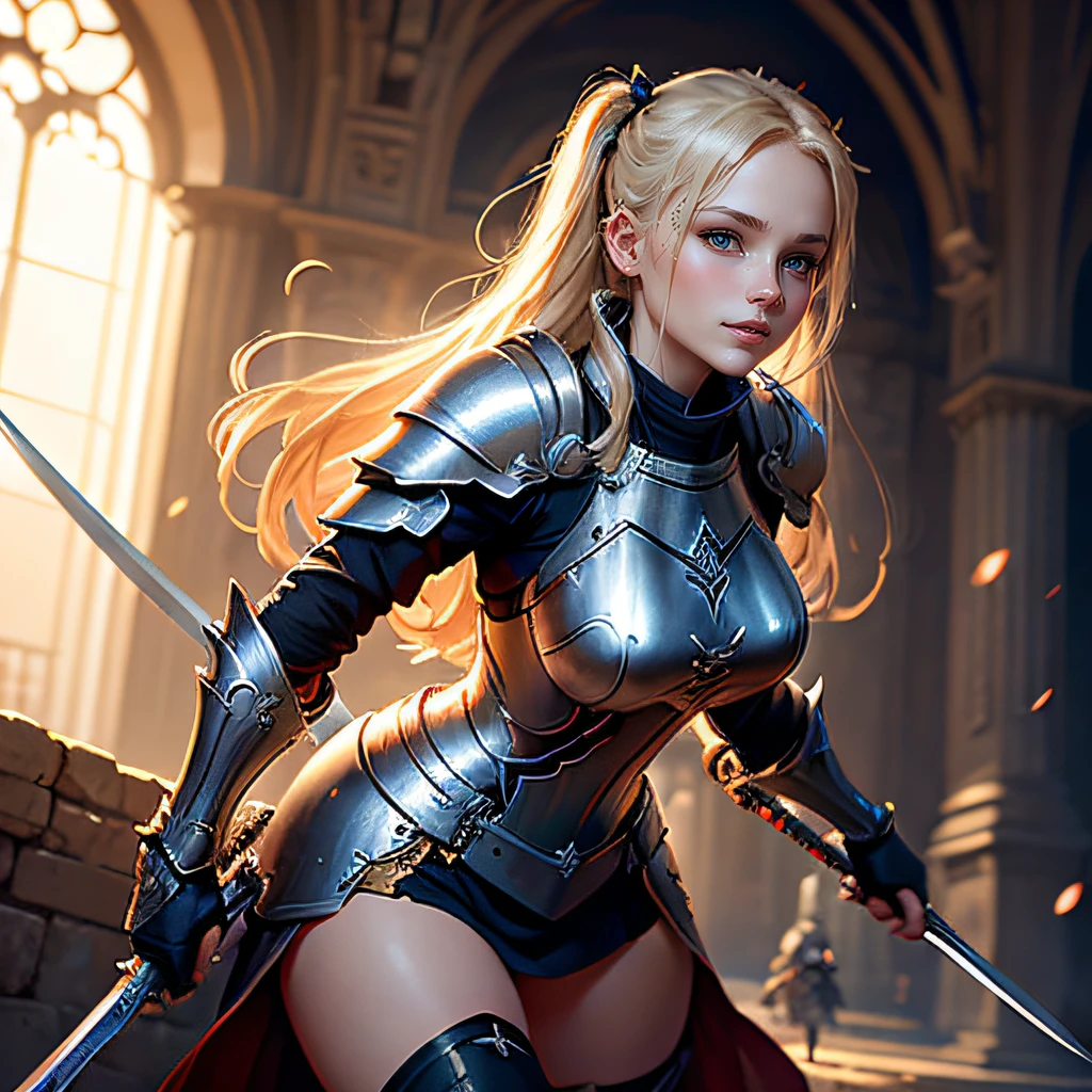 Style image of a woman in armor holding two swords, Artorian Pendragon, guweiz on artstation pixiv, guweiz on pixiv artstation, ig model | ArtGerm, Gorgeous Female Paladin, of a beautiful female knight, Very detailed ArtGerm hahaha, cushart krenz key art feminine, Wojtek FUS Realistic Blonde Beautiful Girl 13 Years Old Dual Wielding Blonde Twin Tails Medieval European Castle Battlefield Little Girl Young Face Smiling Looking At Camera
