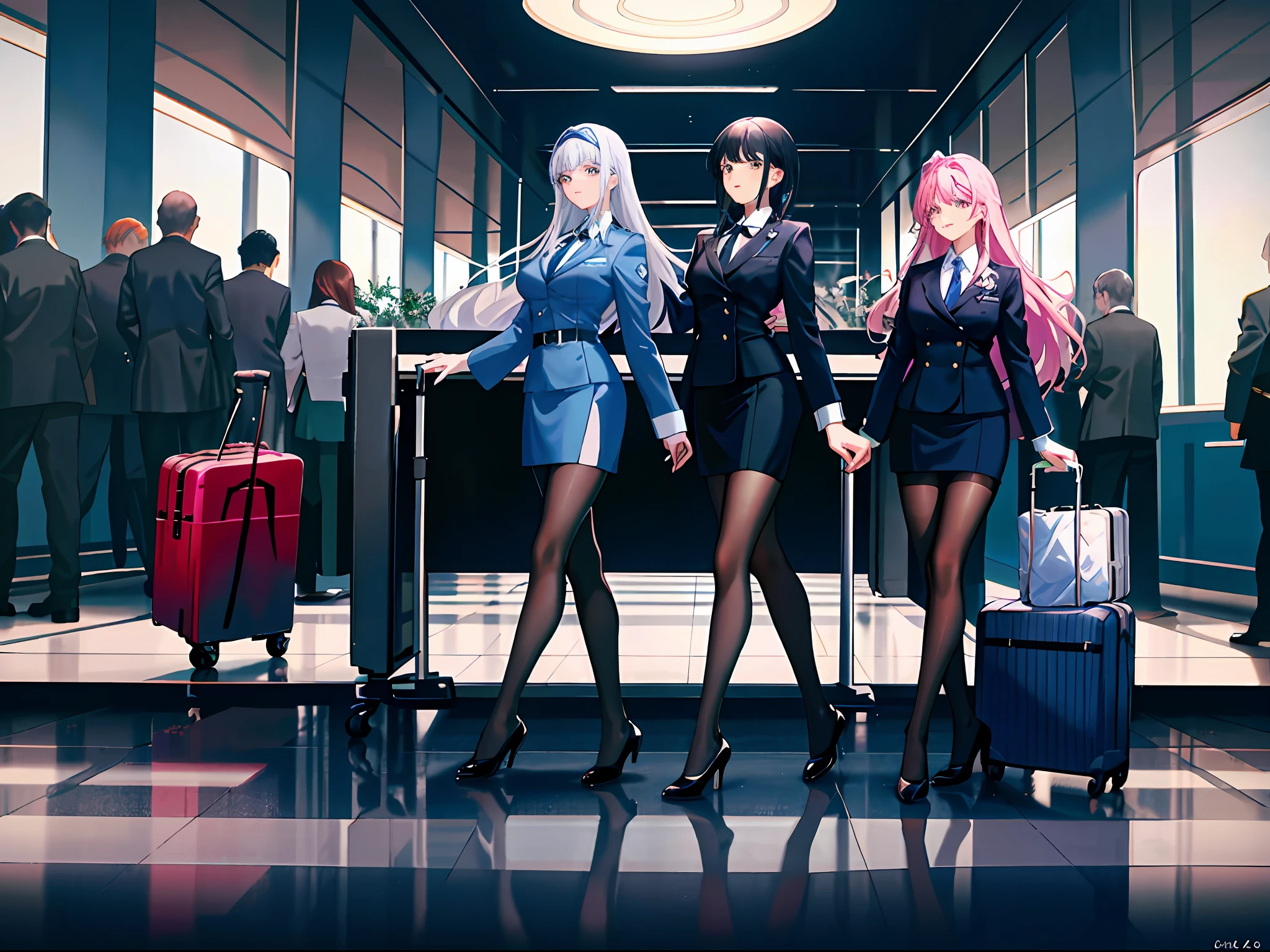 A twenty-year-old young woman,((cabelos preto e longos)),Bigchest,Wearing a blue flight attendant uniform,black lence stockings,Blue high heels,There were a lot of passengers in the airport hall,Holding a pink trolley case in his hand,Walk towards the lounge,In the daytime,in a panoramic view