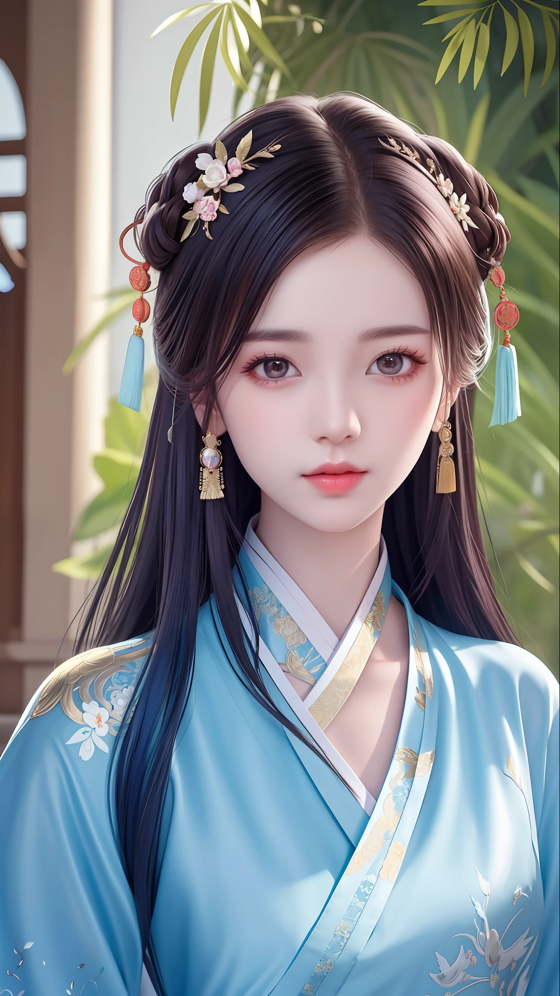 Image of Alfid of a woman in a blue dress and a bird, Palace , A girl in Hanfu, Realistic. Cheng Yi, Beautiful realistic face, Beautiful character painting, Guviz-style artwork, Chinese girl, Beautiful digital artwork, Realistic beautiful face, detailed beautiful portrait, A beautiful artwork illustration, cute delicate face, detailed face of a asian girl