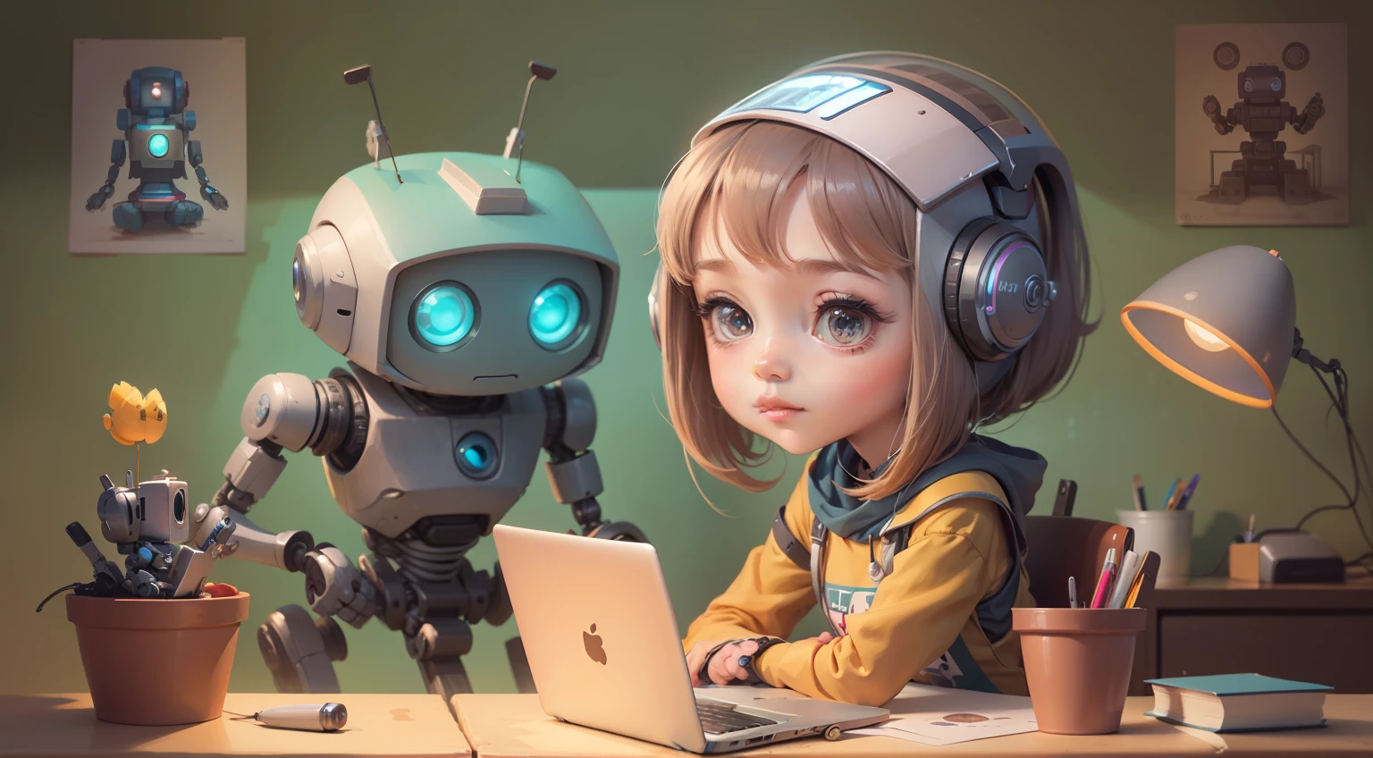 Cartoon of girl sitting at desk with robot and laptop, Girl Meets Robot,  Women and robots, Adorable Digital Painting, adorable friendly robot, loish van baarle, Cute robot, cute humanoid robot, loish and goro fujita, digital 2D illustration, cute detailed digital art, Robot Portrait, 2D Illustration