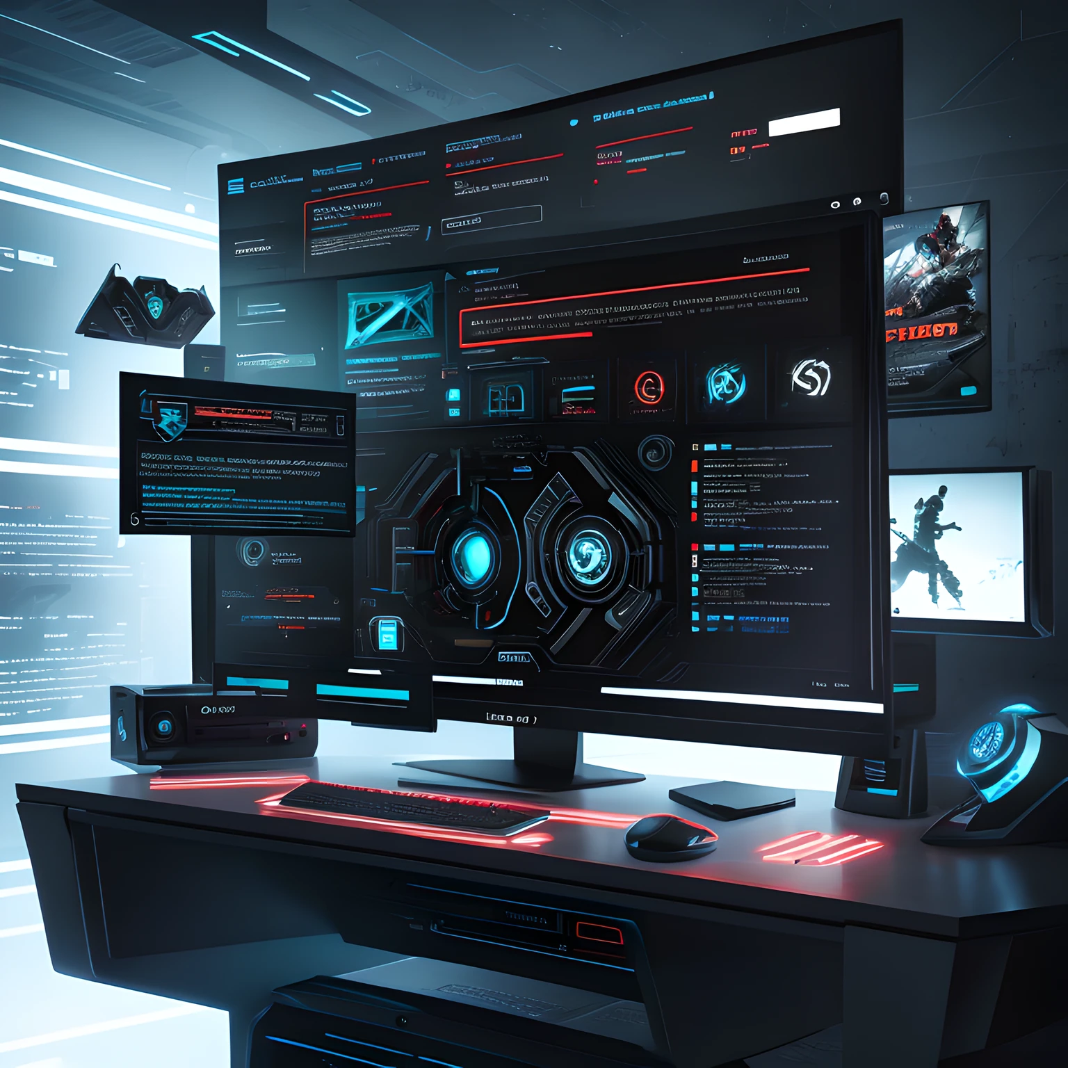 Modern design for video game interface for desktop design with a dark Futuristic Style custom typography and abstract artwork a mystery novel