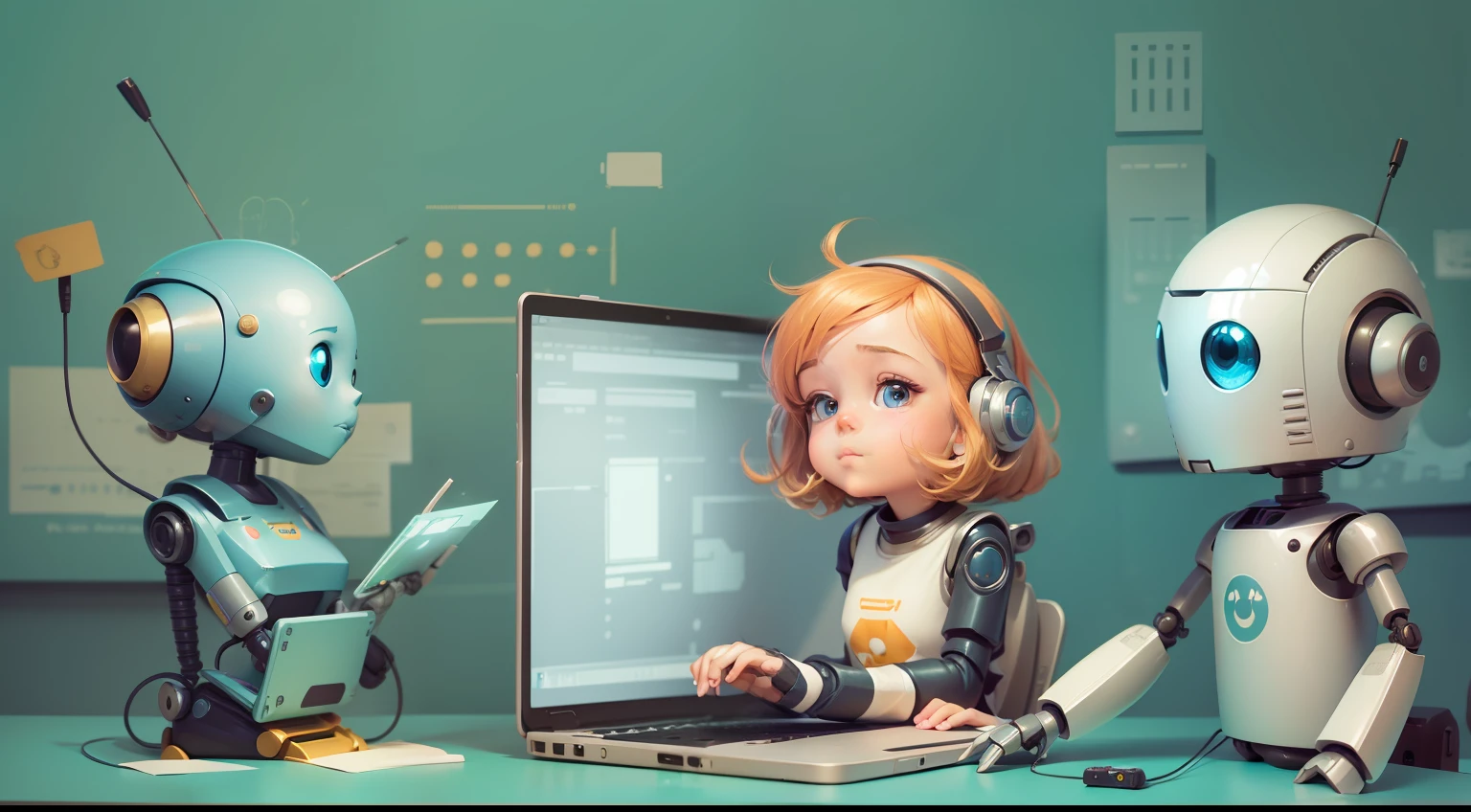 Cartoon of girl sitting at desk with robot and laptop, Girl Meets Robot, Women and robots, Adorable Digital Painting, adorable friendly robot, loish van baarle, Cute robot, cute humanoid robot, loish and goro fujita, digital 2D illustration, cute detailed digital art, Robot Portrait, 2D Illustration