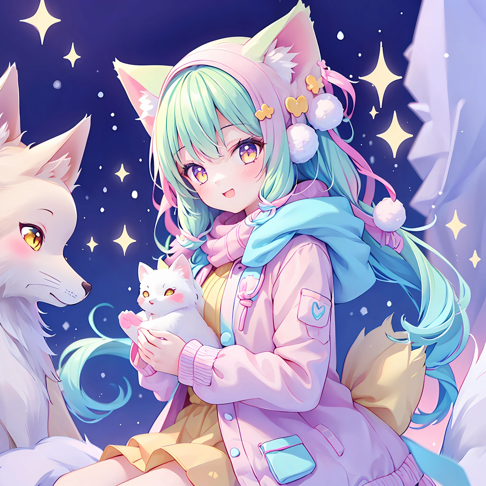 (1girl), idol, holding an arctic fox, winter, kawaiitech, kawaii, cute, pastel colors, best quality, happy,  deep background