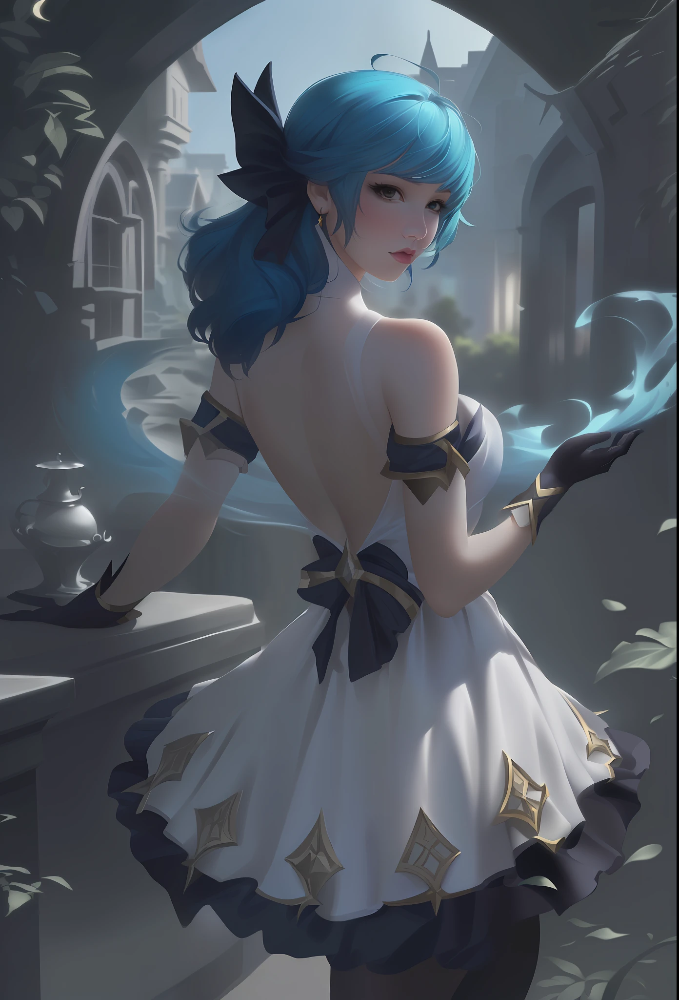 Arad woman in white dress，League of Legends Gwen，Blue hair and blue tail, Style Artgerm, Extremely detailed Artgerm, art-style, Artistic germ style, in the style artgerm, ! Dream art germ, IG model | Art germ, Artgerm Plat, trending artgerm, as seen on artgerm