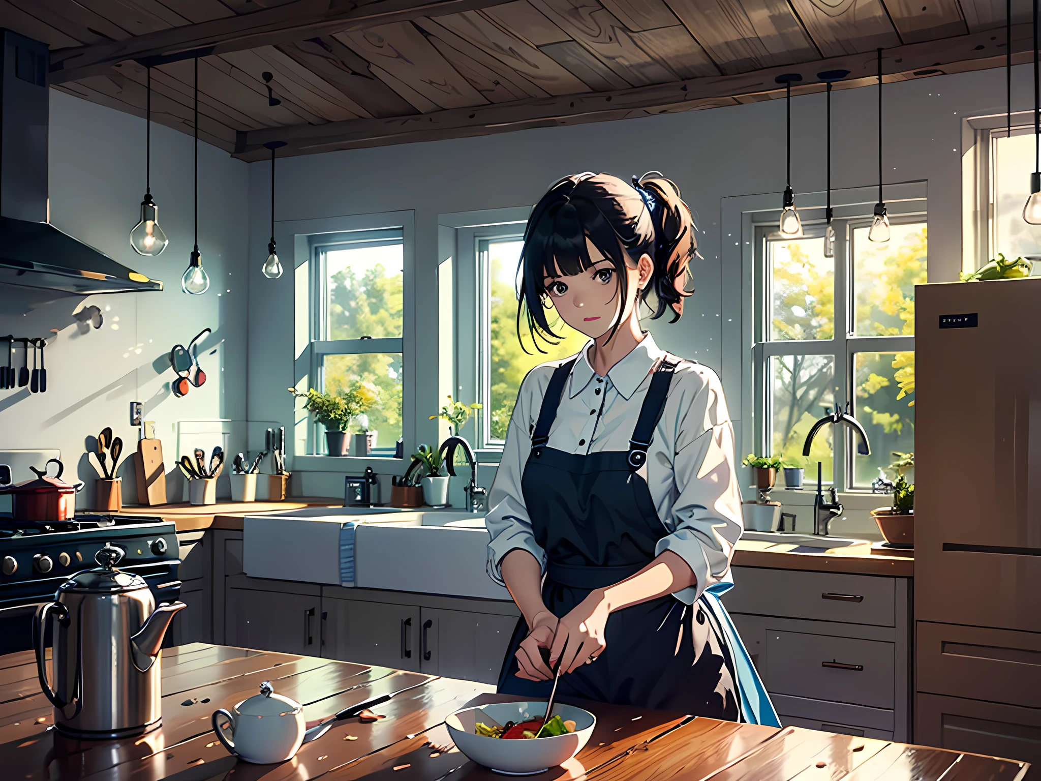 A middle-aged woman stands in a humble kitchen，Holding a broken bowl in his hand，A simple meal at the table，Surrounded by simple furniture and shabby walls。hyper HD, Masterpiece, High details, High quality, Best quality, Award-Awarded, A high resolution, 1080p,  k hd,  k hd, 8K, 16k, 4K