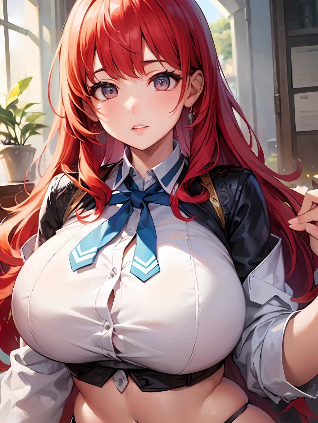 ​masterpiece、top-quality、Very beautiful and delicate and、Highly detailed and intricate details、vivd colour、colourfull、2girls,(hi-school girl)、(gals)、shorth hair、(red hairs)、shiny tanned skin、huge long breasts、bbw、chubby tummy、Curvaceous、A thick、s lips、Bust Top