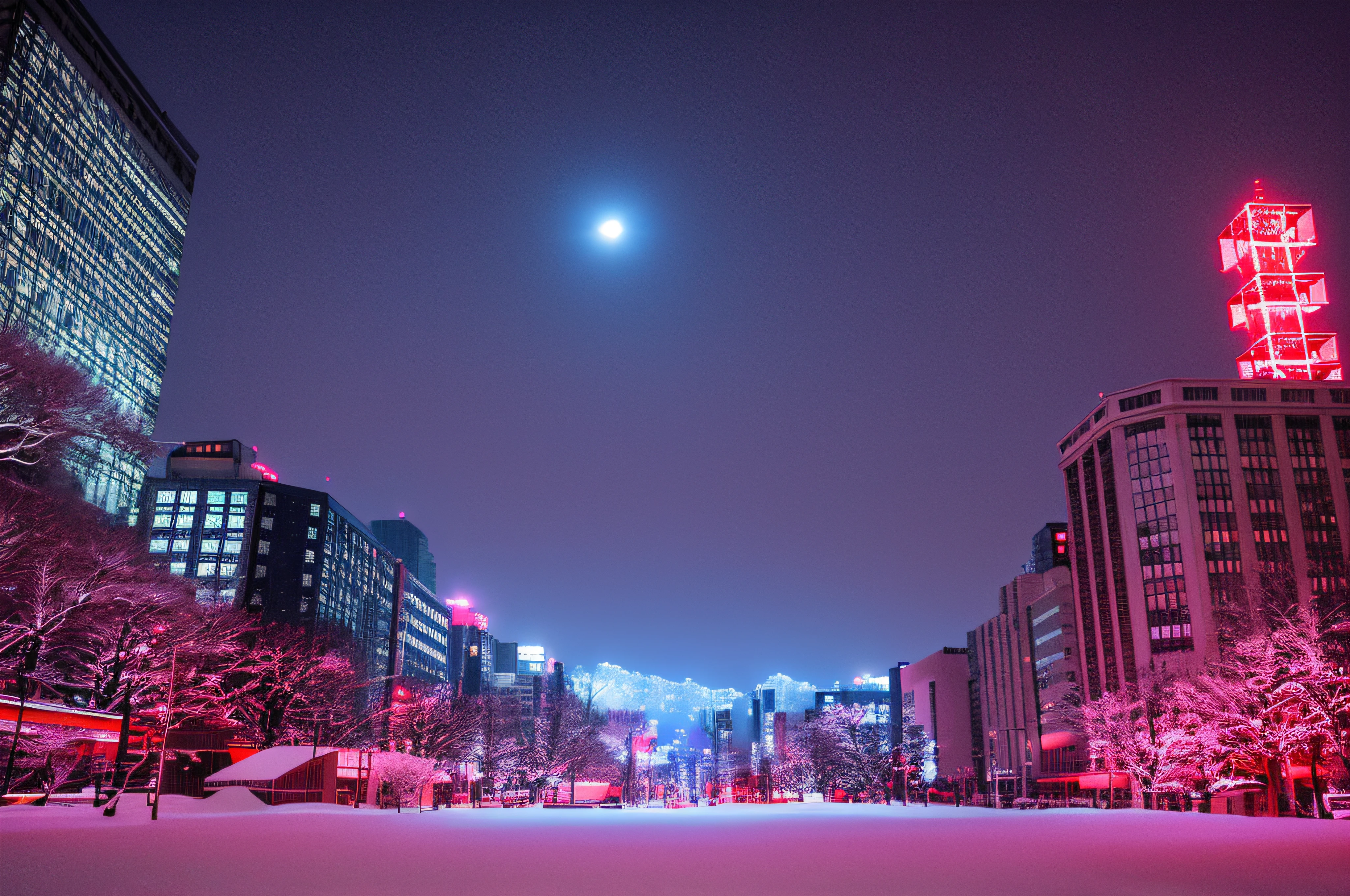 Snow-covered city streets with skyscrapers and red towers in the distance, city snowing with a lot of snow, aomori japan, wide angle photograph, Winter Park Background, gunma prefecture, taken with sigma 2 0 mm f 1. 4, japanese downtown, city, super wide, wide angle photograph, ultra wide-angle