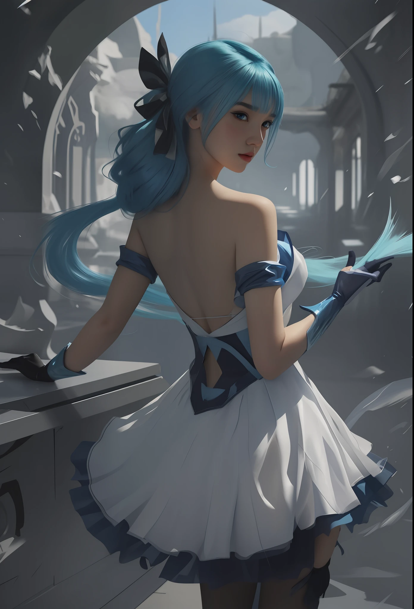 Arad woman in white dress,League of Legends Gwen,Blue hair and blue tail, Style Artgerm, Extremely detailed Artgerm, art-style, Artistic germ style, in the style artgerm, ! Dream art germ, IG model | Art germ, Artgerm Plat, trending artgerm, as seen on artgerm
