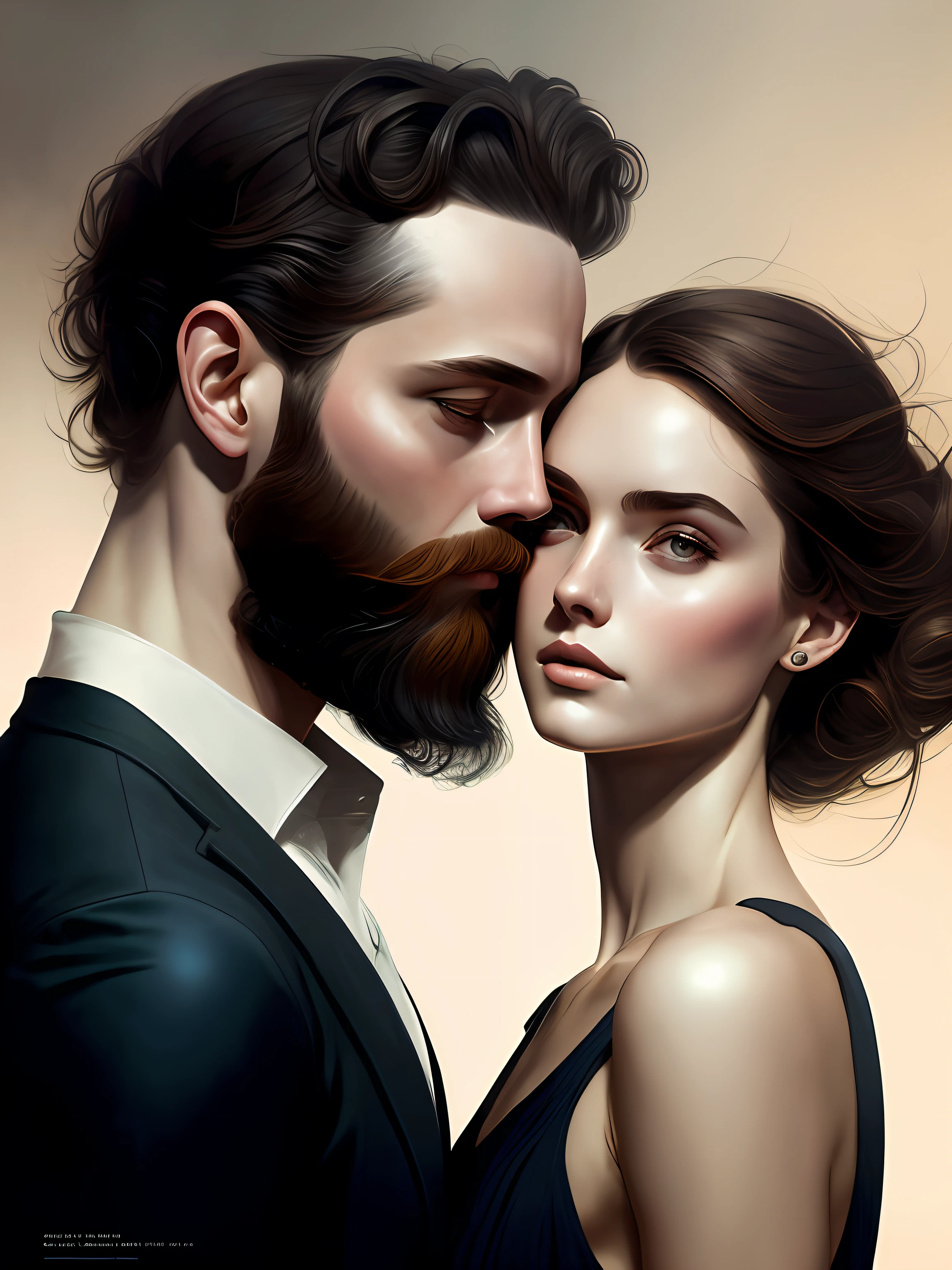 There's a 40-year-old man with a beard to do , cabelos longos amarrados para tras ,and a 13-year-old woman embraced , pai e filha . em uma pintura, Charlie Bowater e Tom Bagshaw, Charlie Bowater e Artgeem, Darius Zawadzki e Tom Bagshaw, capa de romance, Edmund Blair e Charlie Bowater, Neoartcore e Charlie Bowater, Wlop e Andrei Riabovitchev, Tom Bagshaw Estilo de Arte --auto