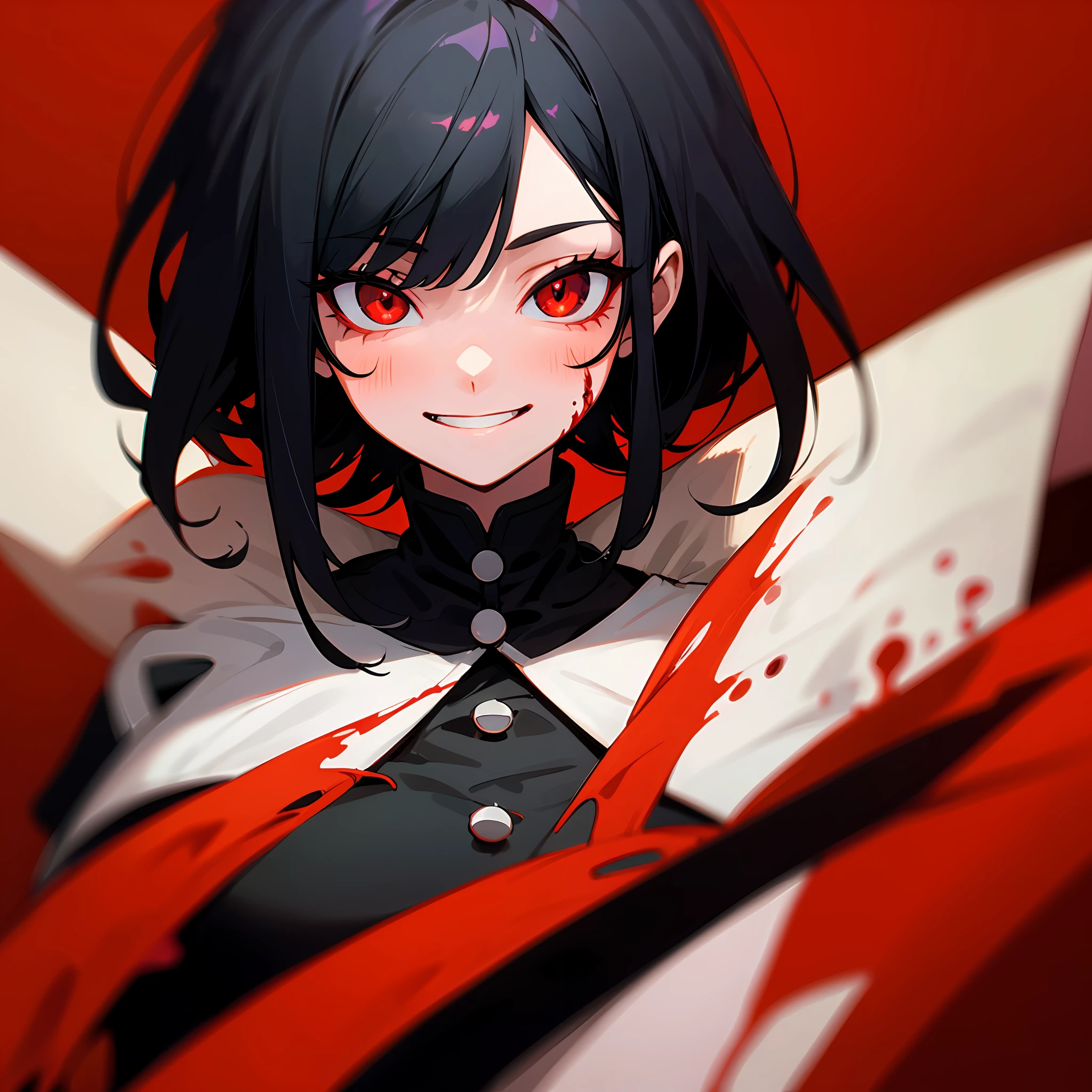 tmasterpiece,Close-up of a woman with blood red eyes,grinning smile,Red and black gradient hair,Confused pupils,Morbid style,Shy,Stitch marks on the face,Black and white clothes,with red and black background,Highest image quality,fearsome,8K --auto