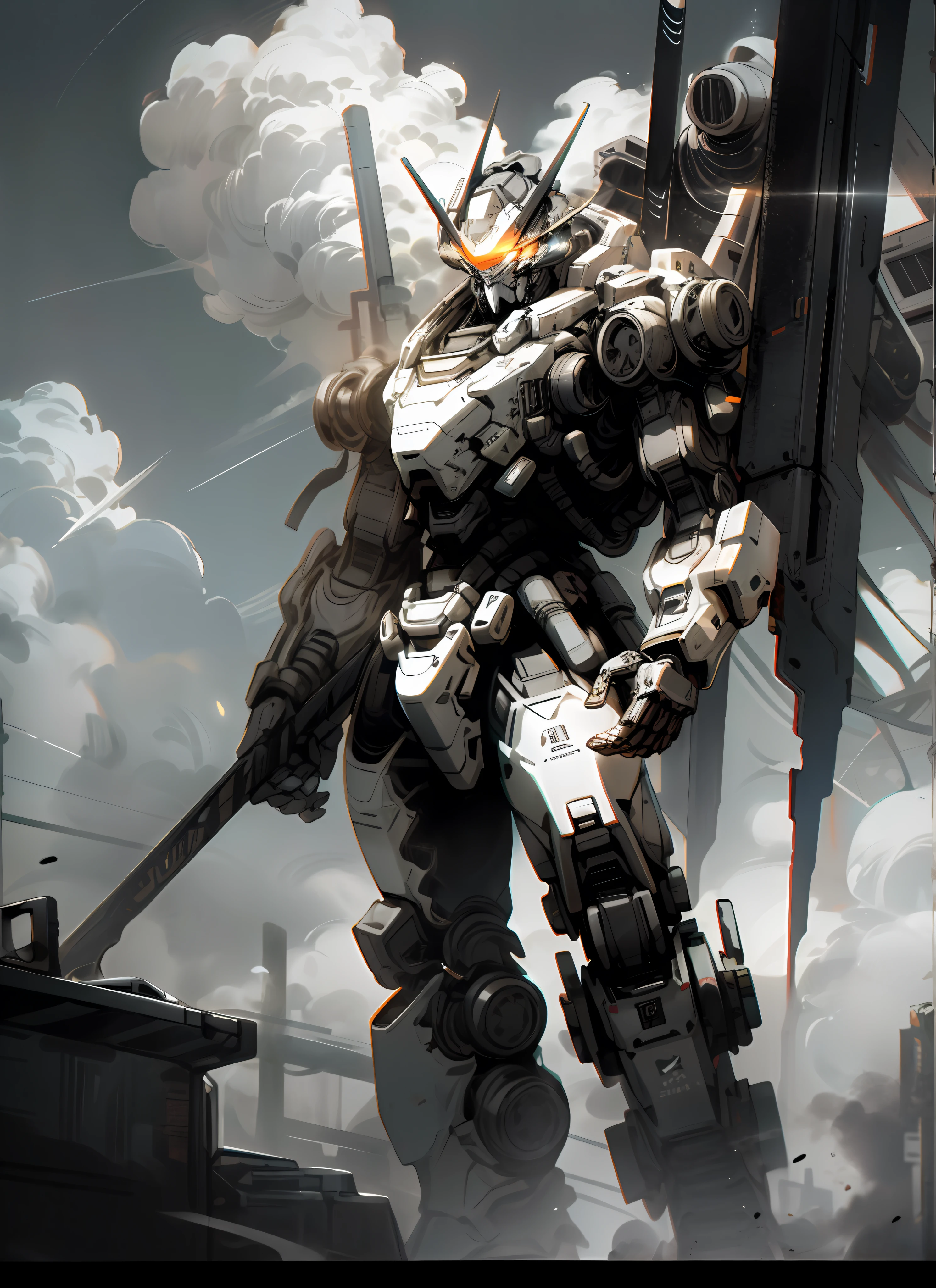 Skysky,clouds,holding_weapon,no_humans,with light glowing,buliding,glowing_eyes,mecha,scientific fiction,城市,Realistis,mecha,cyber punk perssonage,High contrast,cold shades,titanfall,mechs,BT