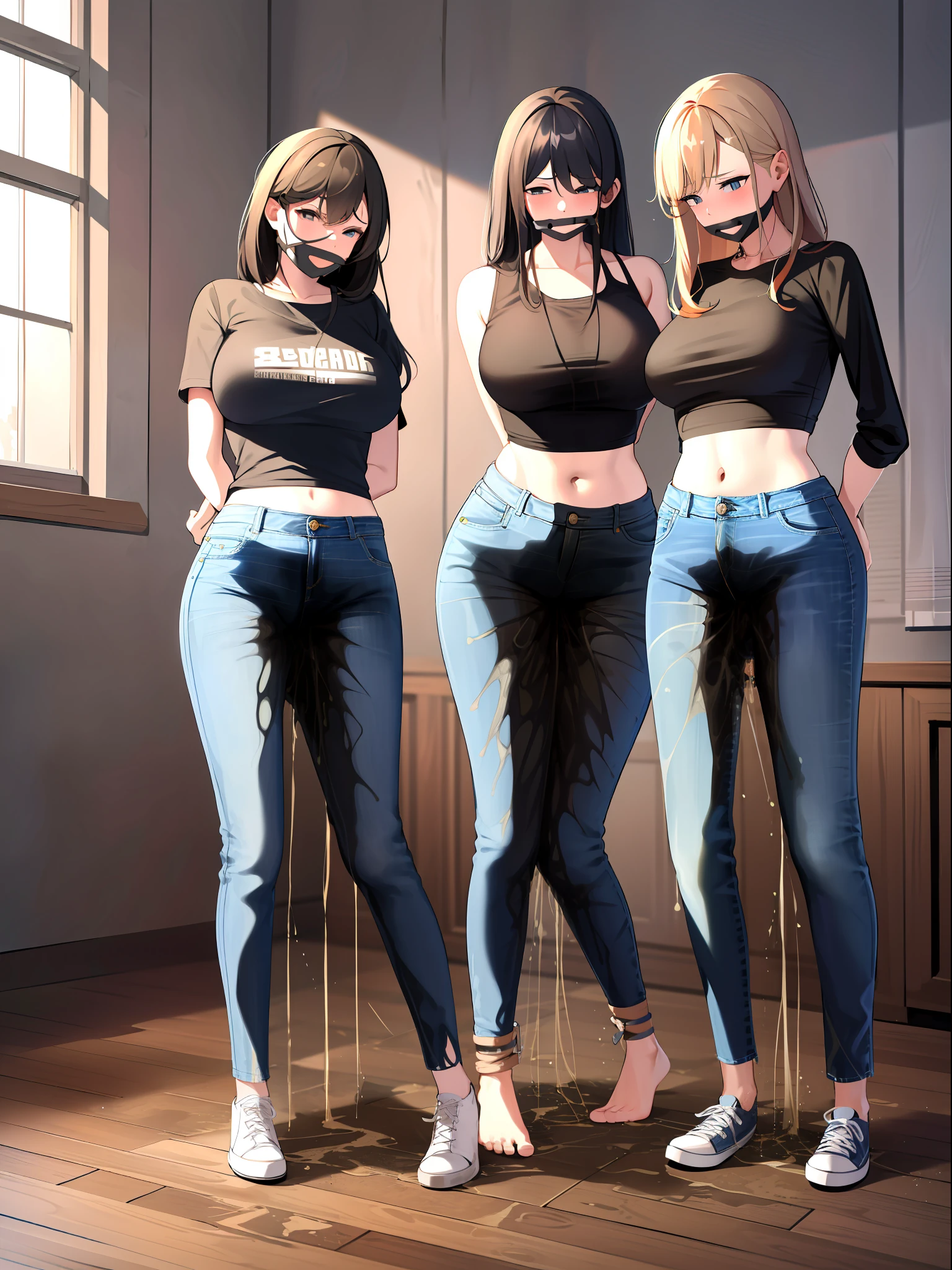 (masterpiece,best quality,high resolution), 3girls, (((jeans pants))), (((full body))), crop top, naval, midriff, barefeet, worried, dungeon, bdsmondage)d up, restraint, bound, tied up, fully ned, restrained body, arms behind back, rope, ball gag mouth, ((((((stain))))))