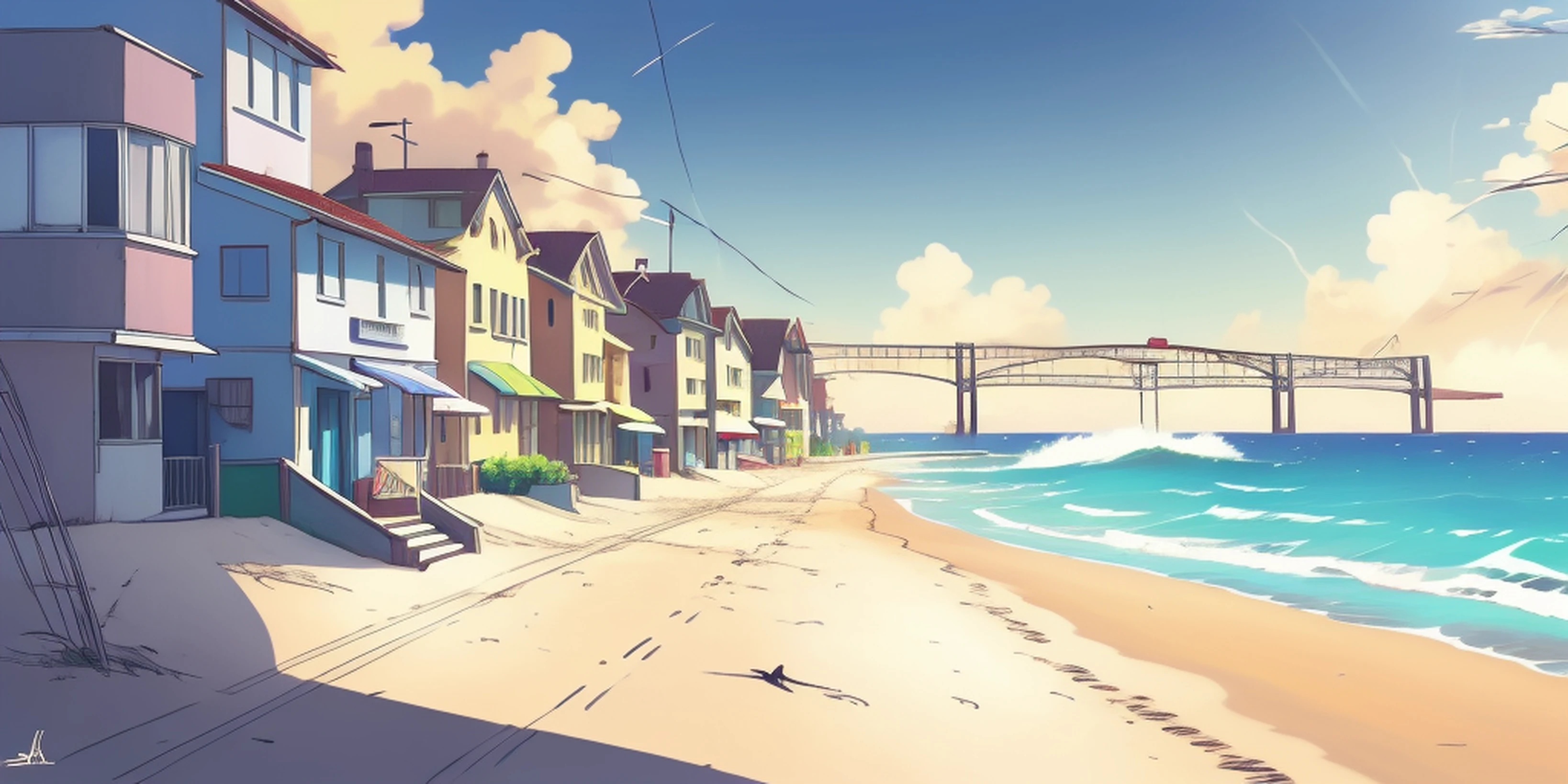 There is a picture of the beach with houses and bridges,Anime background art,Summer street near the beach,anime style cityscape,Anime landscape concept art,long beach background,beautiful anime scenery,Anime landscapes,Estilo de Makoto Shinkai,Estilo de Makoto Shinkai,inspired by Makoto Shinkai,arte de fundo,HD anime cityscape ddler volleyball
