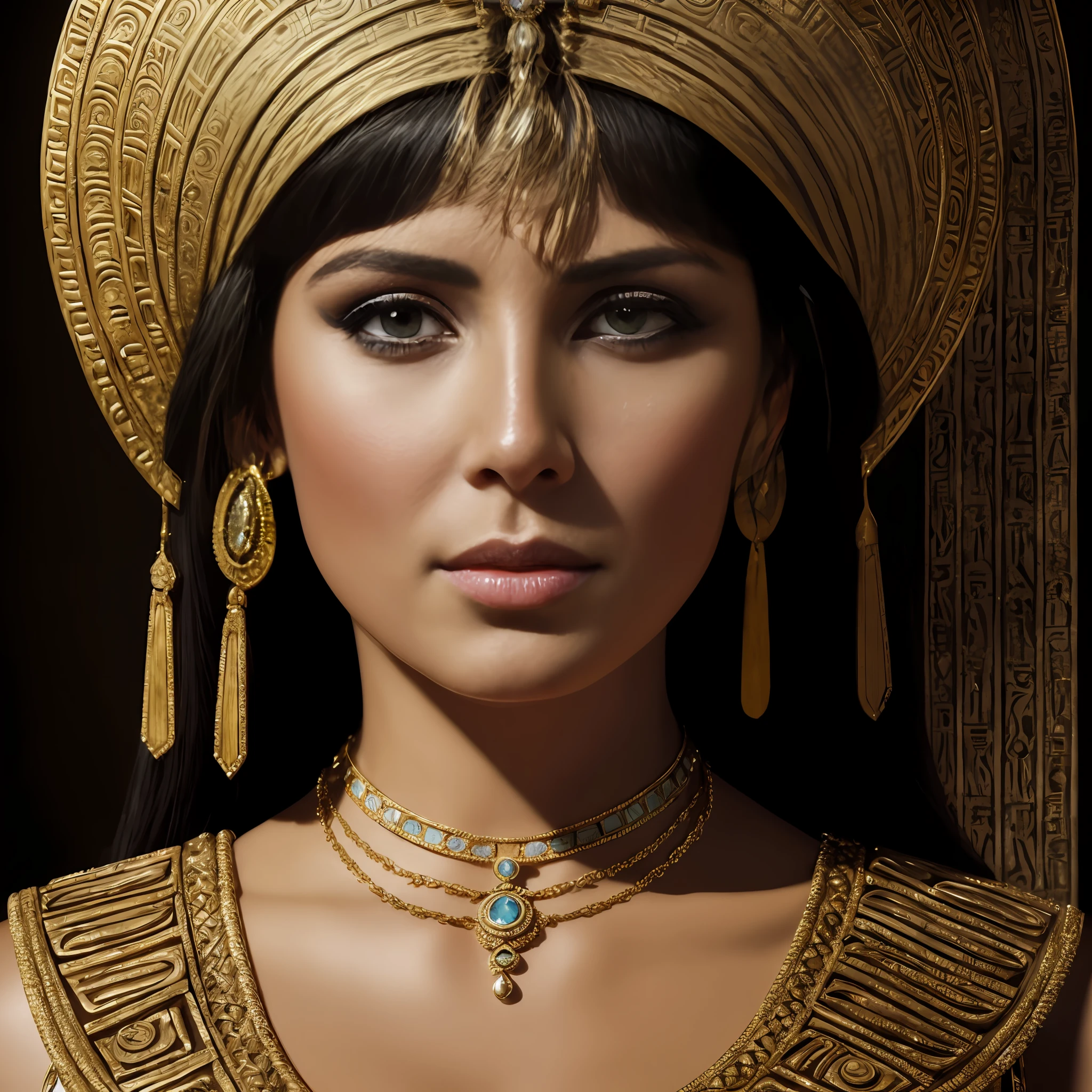 Subject: A captivating photorealistic portrayal of Cleopatra, the legendary Egyptian queen, showcasing her unrivaled beauty and allure. The artwork captures her captivating gaze, adorned with ornate jewelry and headdress, reflecting her royal status and charisma as a powerful ruler.

Type of Image: Photorealistic Artwork
Art Styles: Realism, Historical Portraiture
Art Inspirations: High-resolution historical references, Renaissance paintings, classical art
Medium: Digital Painting or Traditional Mediums
Shot: Close-up view, focusing on Cleopatra's face and the intricate details of her jewelry and headdress
Render Related Information: The artwork should be rendered in a photorealistic style, paying meticulous attention to every facial feature and ornate accessory. The lighting and shadows should add depth and dimension to the portrait, emphasizing Cleopatra's elegance and allure. The use of high-resolution references and skilled artistry should bring forth a lifelike depiction of the legendary queen, capturing the essence of her historical significance and timeless beauty.