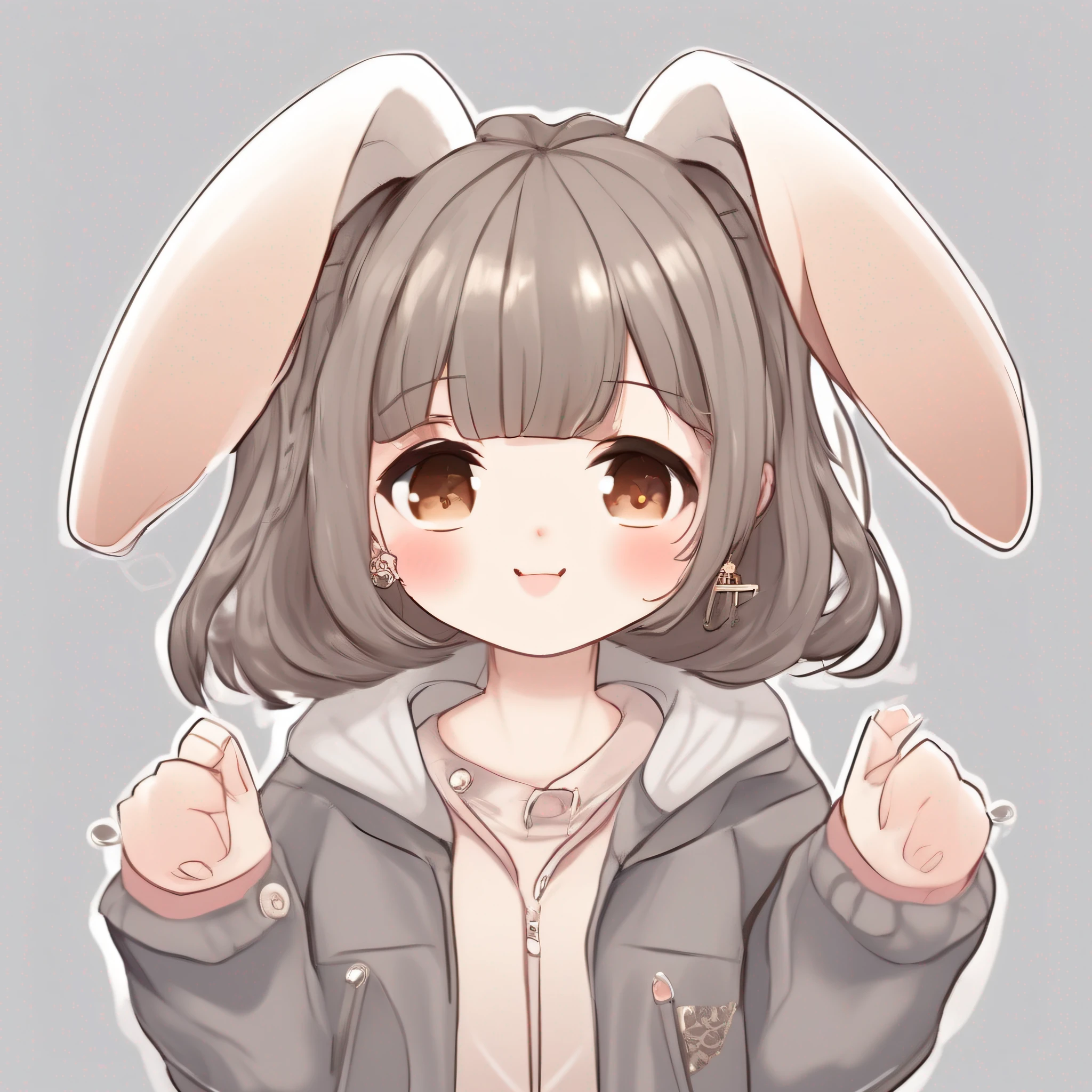 1girl,bag,bangs,blush,brown_eyes,brown_hair,bunny_hair_ornament,closed_mouth,earrings,grey_background,grey_hair,hair_bobbles,hair_ornament,hairclip,hands_up,jacket,jewelry,long_sleeves,looking_at_viewer,puffy_sleeves,shirt,sleeves_past_wrists,solo,upper_body,white_shirt
