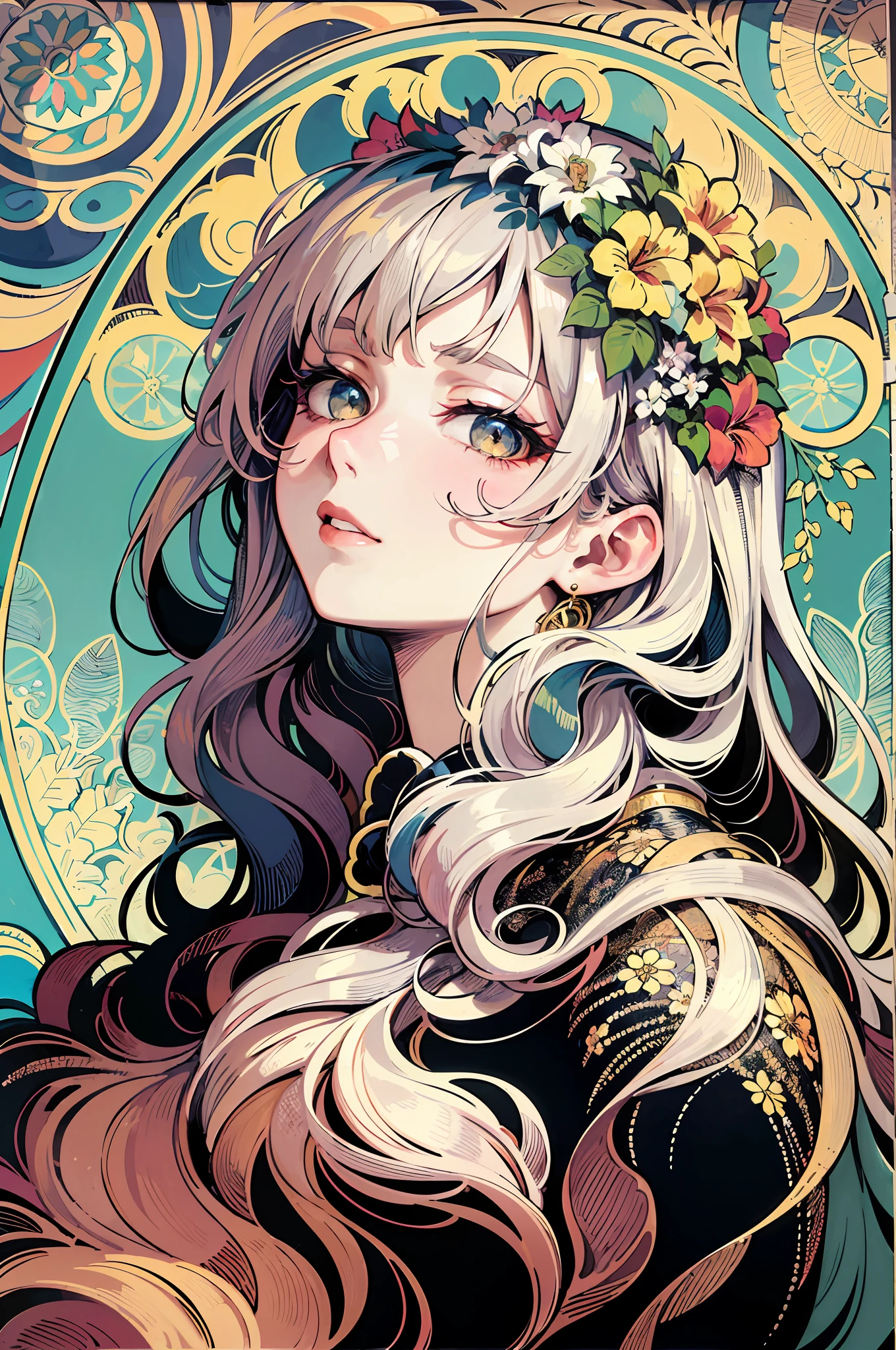 Facial portrait of a European woman,with long coiled hair,whaite hair,Long white hair,Floral frame,Decorative panels,abstract artistic,Alphonse Mucha(tmasterpiece,best qualtiy,A high resolution:1.4),A detailed,complexdetails,4K,splash of color,Line art,Fibonacci,gold eyes,Golden iris