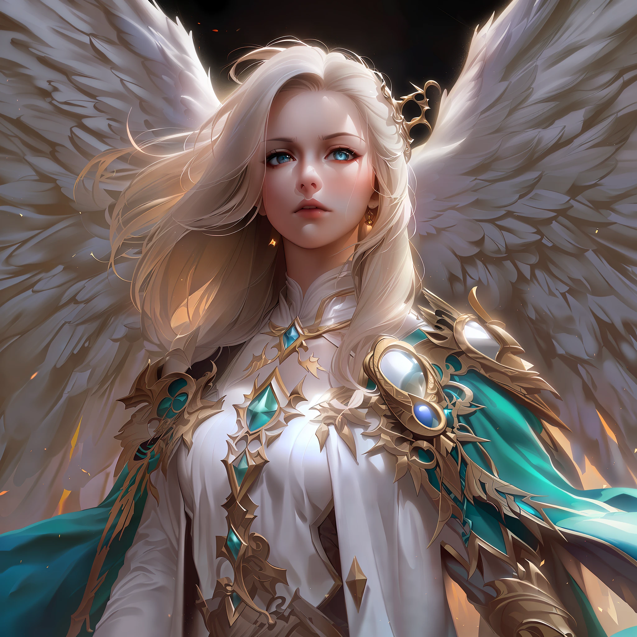 8k, ultra detailed, masterpiece, best quality, (extremely detailed), arafed, dnd art, panoramic view, full body, aasimar cleric casting a flaming spell, aasimar, female, (Masterpiece 1.3, intense details), female, cleric, holy warrior, casting radiant spell, divine spell (Masterpiece 1.3, intense details) large angelic wings, azure angelic wings spread (Masterpiece 1.3, intense details), fantasy divinel background (Masterpiece 1.5, intense details), sun, clouds, wearing white armor (Masterpiece 1.5, intense details), blue cloak, flowing robe (Masterpiece 1.3, intense details), high heeled boots (Masterpiece 1.3, intense details), armed with mace, metalic hair, green eyes, intense eyes, feminine, ultra detailed face, (Masterpiece 1.5, best quality), anatomically correct (Masterpiece 1.3, intense details), determined face, divine light, cinematic lighting, soft light, silhouette, photorealism, panoramic view (Masterpiece 1.3, intense details) , Wide-Angle, Ultra-Wide Angle, 8k, highres, best quality, high details