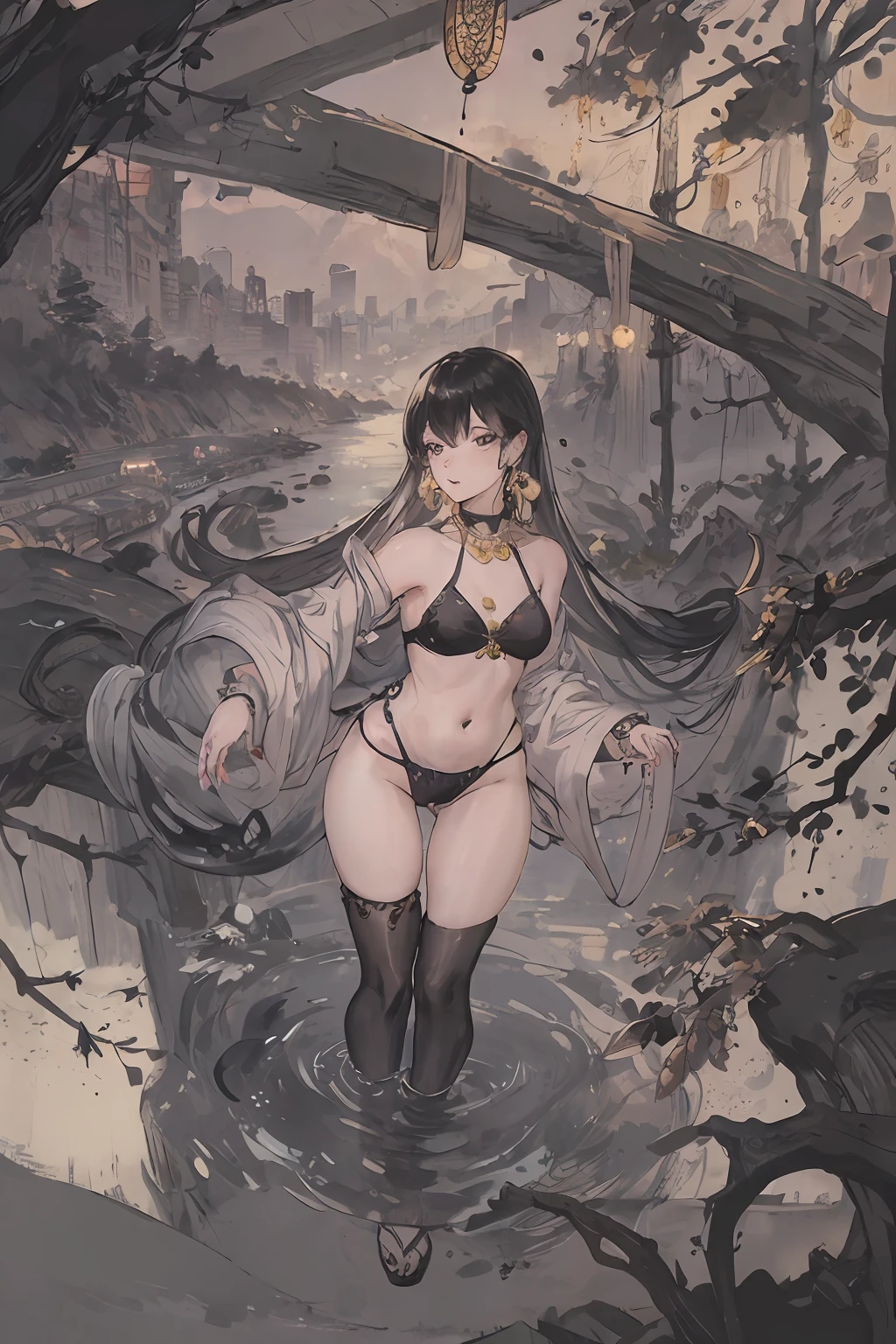 night,(night:1.8),(city lights:1.9),(black theme,),in summer,onsen,(nature:1.9),1girl,full body,black hair,very long hair,grin,y,unaligned breynamic angle,dynamic pose,outdoors,chinese style architecture,High color saturation,Color saturation,(jewelry:1.9),putting on jewelry, Warm light,Warm light,
ray tracing,cinematic lighting,(raw photo:1.2), (photorealistic:1.4), absurdres, incredibly absurdres, huge filesize , ultra-detailed, highres, extremely detailed,best quality ,masterpiece, illustration, an extremely delicate and beautiful, extremely detailed ,CG ,unity ,8k wallpaper, Amazing, finely detail, masterpiece,best quality, pureerosface_v1,ulzzang-6500-v1.1,