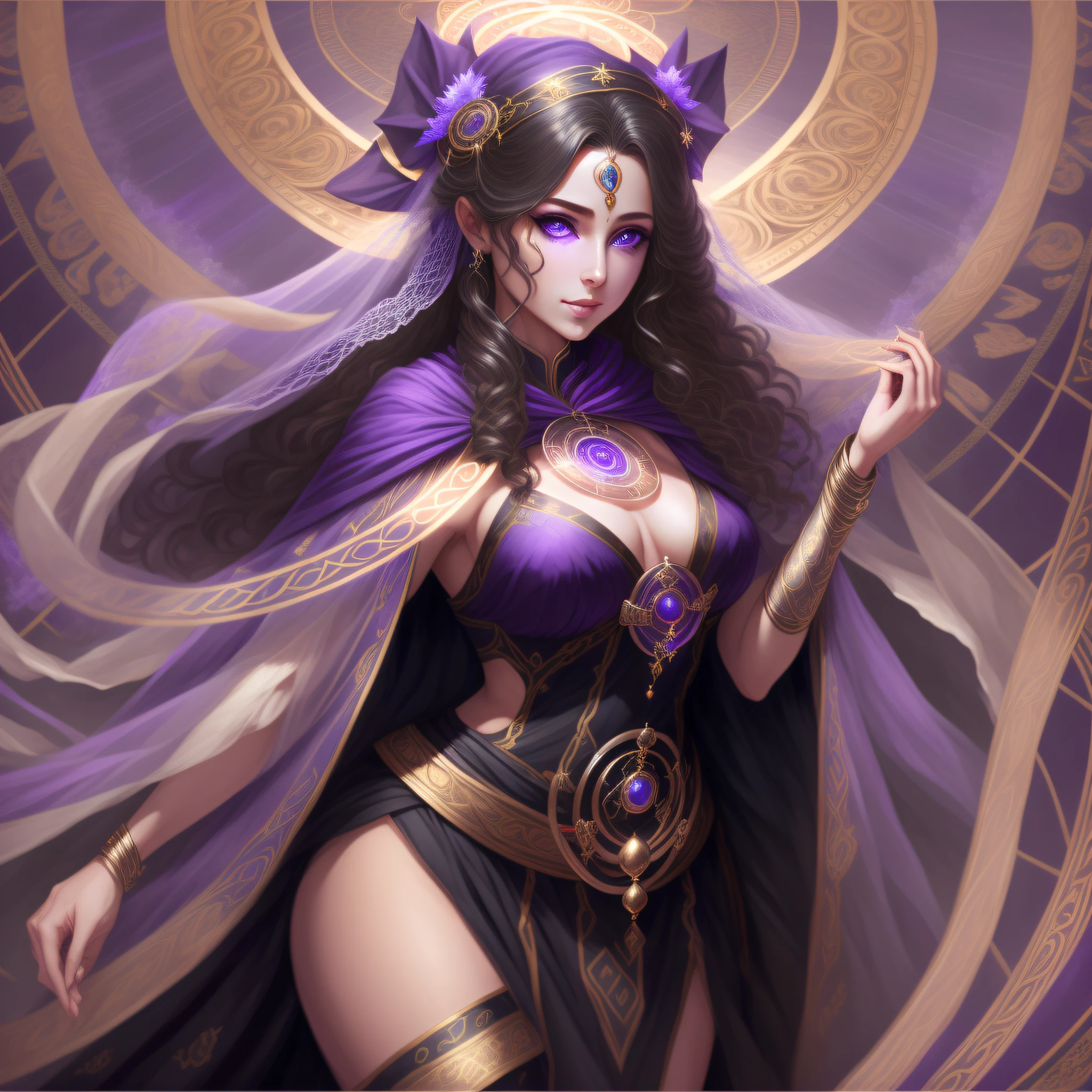 ((best quality)),((masterpiece)),(detailed),(Highly detailed),ultra high res,1girl,mature female,solo,flowing hair,mystical makeup,medium breasts,veil,long robes,vibrant purple cloak,black legwear,hair ornament,brooch,bangle,cliff,beautiful detailed glow,((magic circle:1.2)),