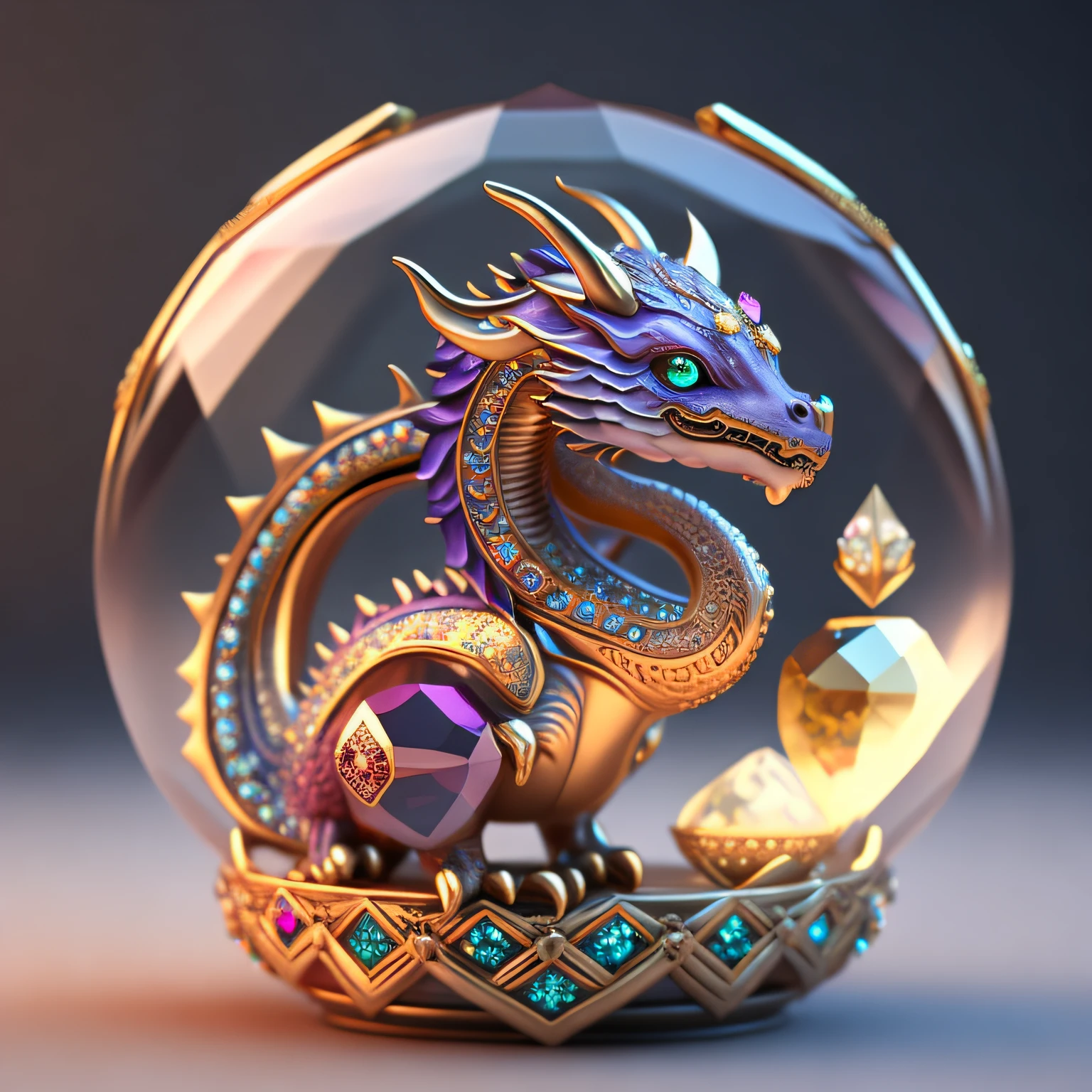 A cute crystal ball zodiac dragon embellished with various jewelry ornaments and a low-poly design for the eyes, is a highly detailed and complex conceptual art craft using Artstation 8k quality.