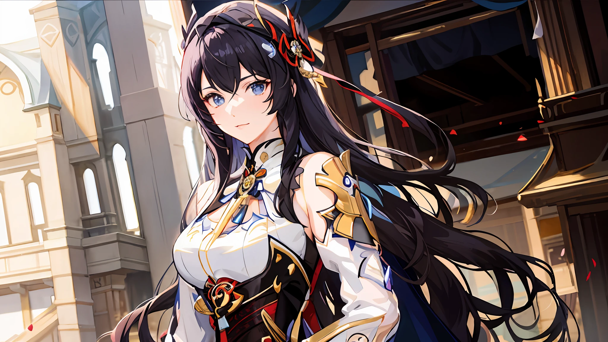 Anime girl with long hair and armor standing in front of the building, Ayaka Genshin impact, Portrait Chevaliers du Zodiaque Fille, Keqing from Genshin Impact, Genshin, ((a beautiful fantasy empress)), Hestia, Extremely detailed Artgerm, ayaka game genshin impact, Kushatt Krenz Key Art Women, Detailed key anime art