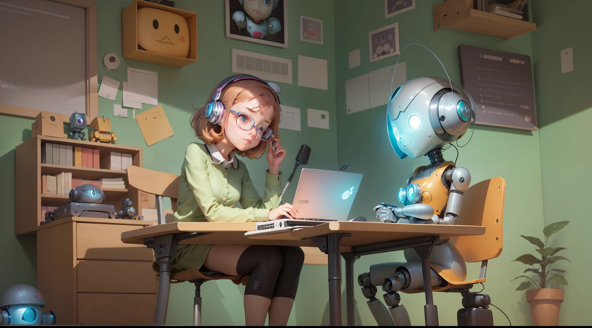 Cartoon of girl sitting at desk with robot and laptop, Girl Meets Robot, Women and robots, Adorable Digital Painting, adorable friendly robot, loish van baarle, Cute robot, cute humanoid robot, loish and goro fujita, digital 2D illustration, cute detailed digital art, Robot Portrait, 2D Illustration