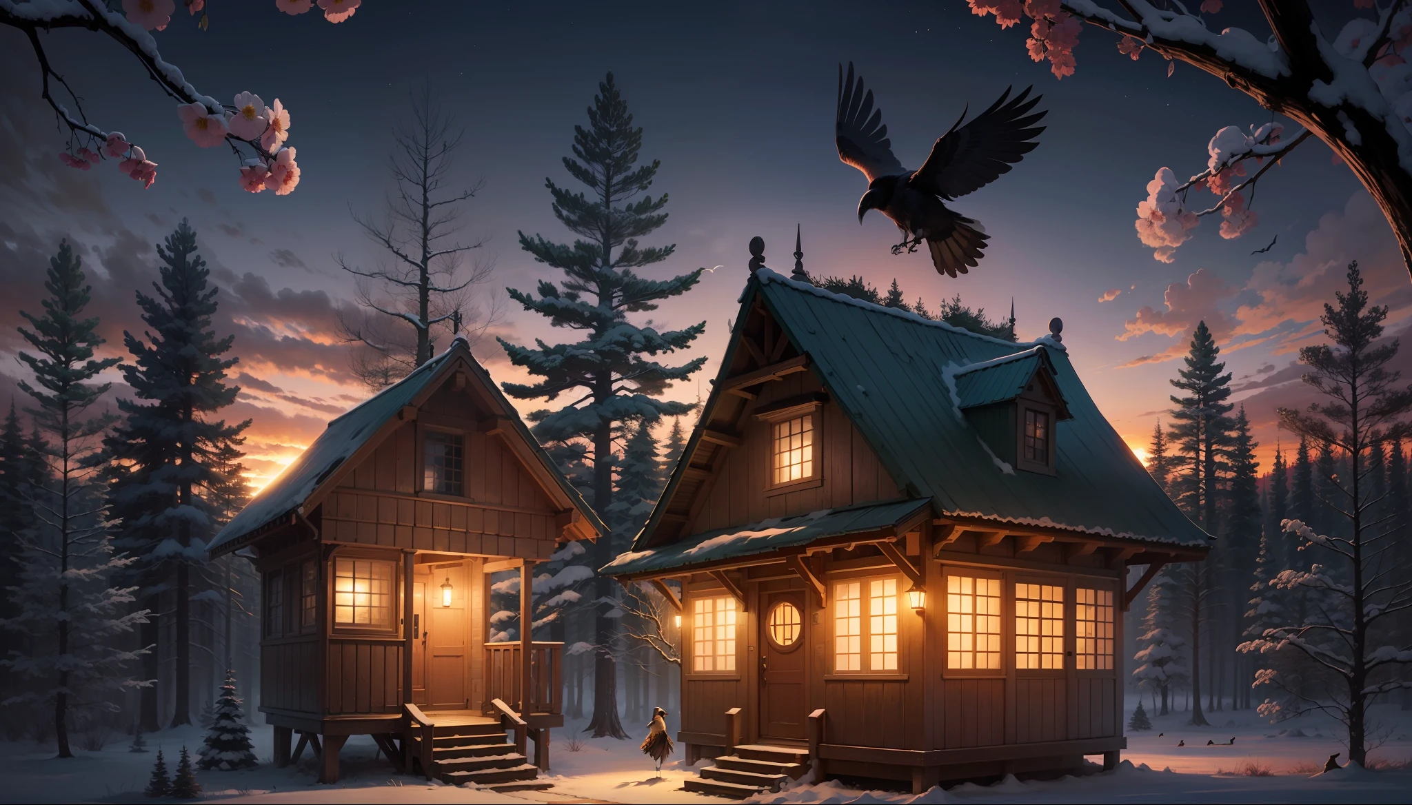 house of trees in a dark forrest, two raven fly in the sky, fairy tale style, warm lights, sunset --auto --s2