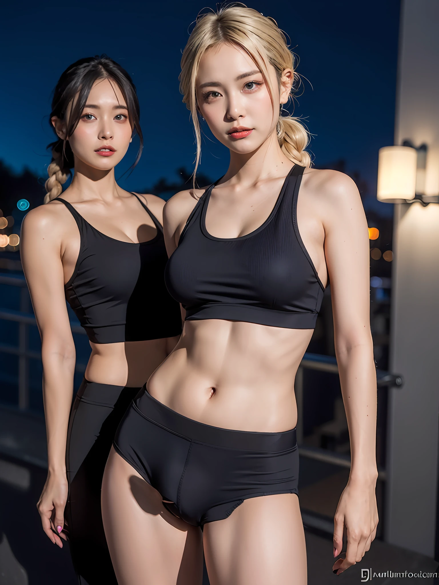 (8K、Raw photography、top-quality、​masterpiece:1.2)、(realisitic、Photorealsitic:1.37)、超A high resolution、depth of fields、Caustics、FujifilmXT3、​masterpiece、ultra-detailliert、(2 girls in)、16 and 28 years old、lesbian、Shinjuku's neon streets、natta、Night view of the building city、(Short transparent tank top、No bra、sweat pant、Panchira、T back)、slenderbody、Sexy navel、(((small tits)))、[big butts]、[thick waist]、Blonde braid hair、striated hair、a small face、cowboy  shot、Camel toe、The shape of the and pubic area is clearly visible,,、erotick、female dog、dark suntan line、Dark skin、Dark tanning line、Naughty look、Bumps on the protruding from the clothes,、Anatomically correct human structure、Areola showing through、