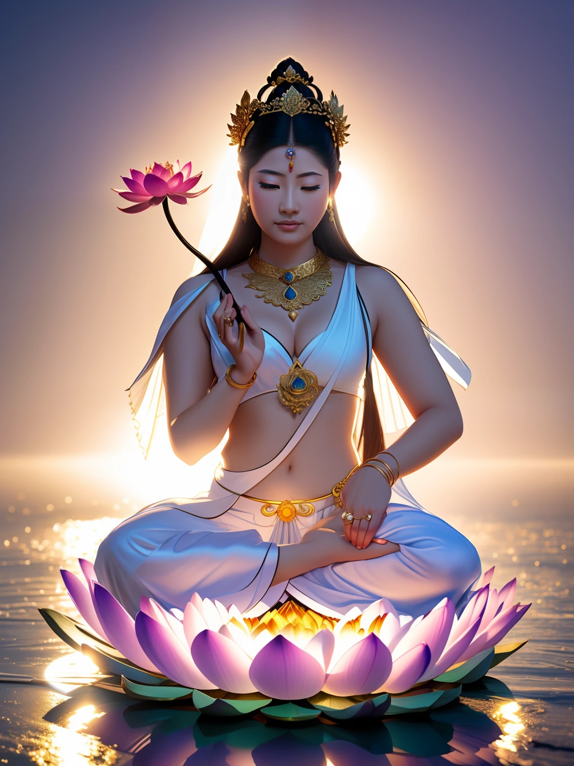 tmasterpiece,超高分辨率,Buddha Mother in White,Beautiful bodhisattva holding lotus flower,Look at the audience with your eyes open,crown,choker necklace,Yingluo,jewelry,white  clothes,The head shines,Blue sky background,Flat background,Clean picture,Pure sky,Extremely high detail,Perfect goddess,full art illustration,photorealestic,professional photoshooting，超高分辨率， best qualtiy， photore， 8K， （realisticlying： 1.2），A golden glow overhead（The halo：1.2），golden headdress，Brighter，tmasterpiece，best qualtiy，Complicated details，Light environment and crystals in the background，crystal，Portal of the future，3D light，k hd，magia，God of Light，The light from the back window is backlighted，详细的脸，depth of fields，Gentle lighting，Tone-mapping，highly  detailed，concept-art，Smoothness，Clear focus，Dramatic lighting，highly detailed art，cinematic ligh，8K，amazing shadows（highly detailed back ground：1.2）The woman sitting on the lotus holds a lotus flower, （（Pink lotus）），Guanyin, an ancient Chinese goddess, guanyin of the southern seas, Sit gracefully on a lotus, gilded lotus princess, Pink Lotus Queen, contented female bodhisattva, inspired by Lü Ji, Realiy, sitting on a lotus flower, Lotus，3Drenderingof