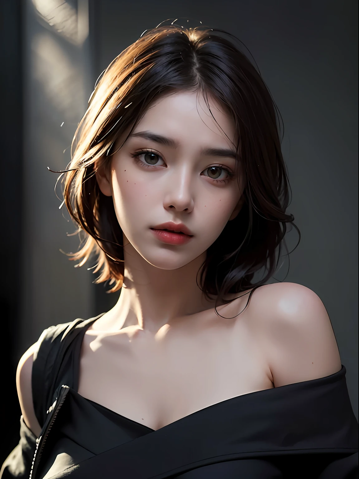 Best quality, masterpiece, ultra high res, (photorealistic:1.4), raw photo, 1girl, offshoulder, in the dark, deep shadow, low key, cold light