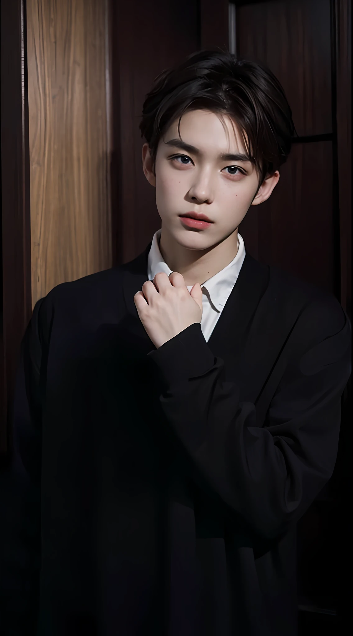 Best quality, Masterpiece, (Photorealistic:1.4), 1boy, Solo, Short hair, Big eyes, White T-shirt ,Long sleeves, Upper body, Dramatic lighting, view the viewer,(with hands behind her back:1.2), Naked standing, Indoors, Living room, gauges, carpets, wooden floor, decorations, window, Sunshine