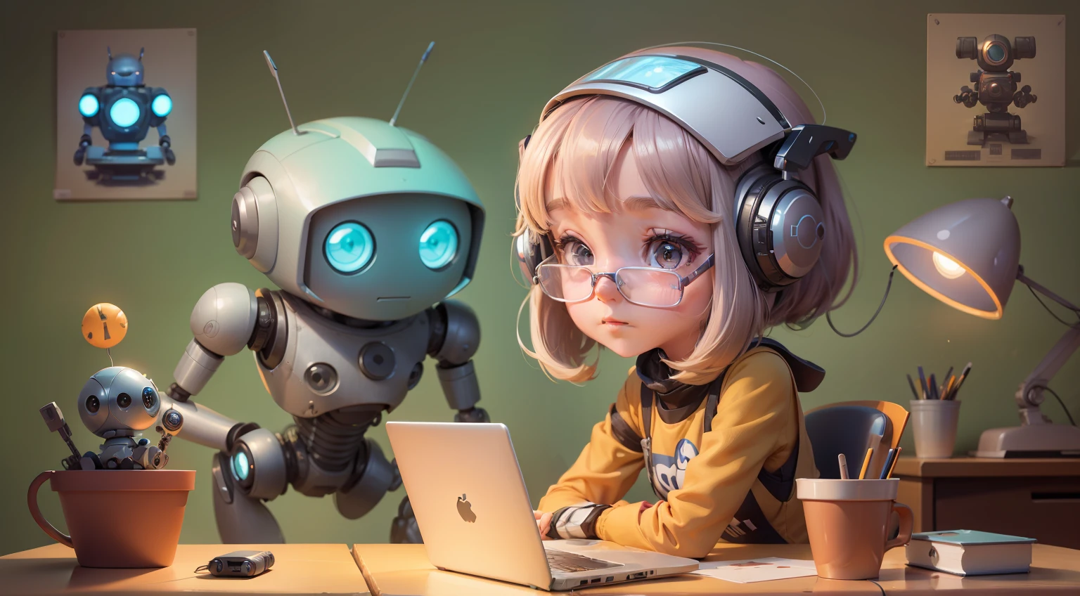 Cartoon of girl sitting at desk with robot and laptop, Girl Meets Robot,  Women and robots, Adorable Digital Painting, adorable friendly robot, loish van baarle, Cute robot, cute humanoid robot, loish and goro fujita, digital 2D illustration, cute detailed digital art, Robot Portrait, 2D Illustration