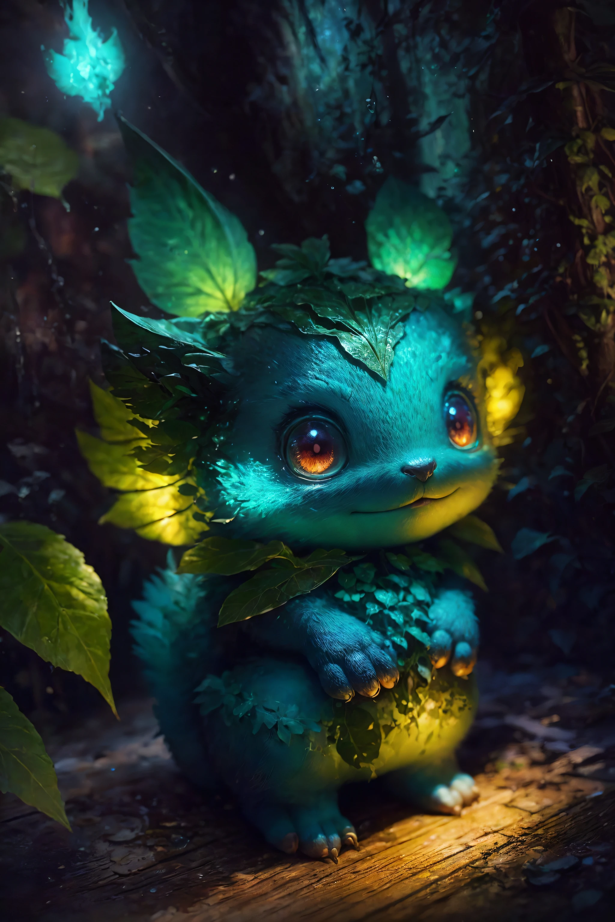 grainy, extremely detailed, intricate detail, dynamic lighting,photorealistic, filmg , natural lighting,   m0nst3rfy3, tiger cub, red glowing eyes, :P, (fluffy:1.2), glowing stripes, dark forest,