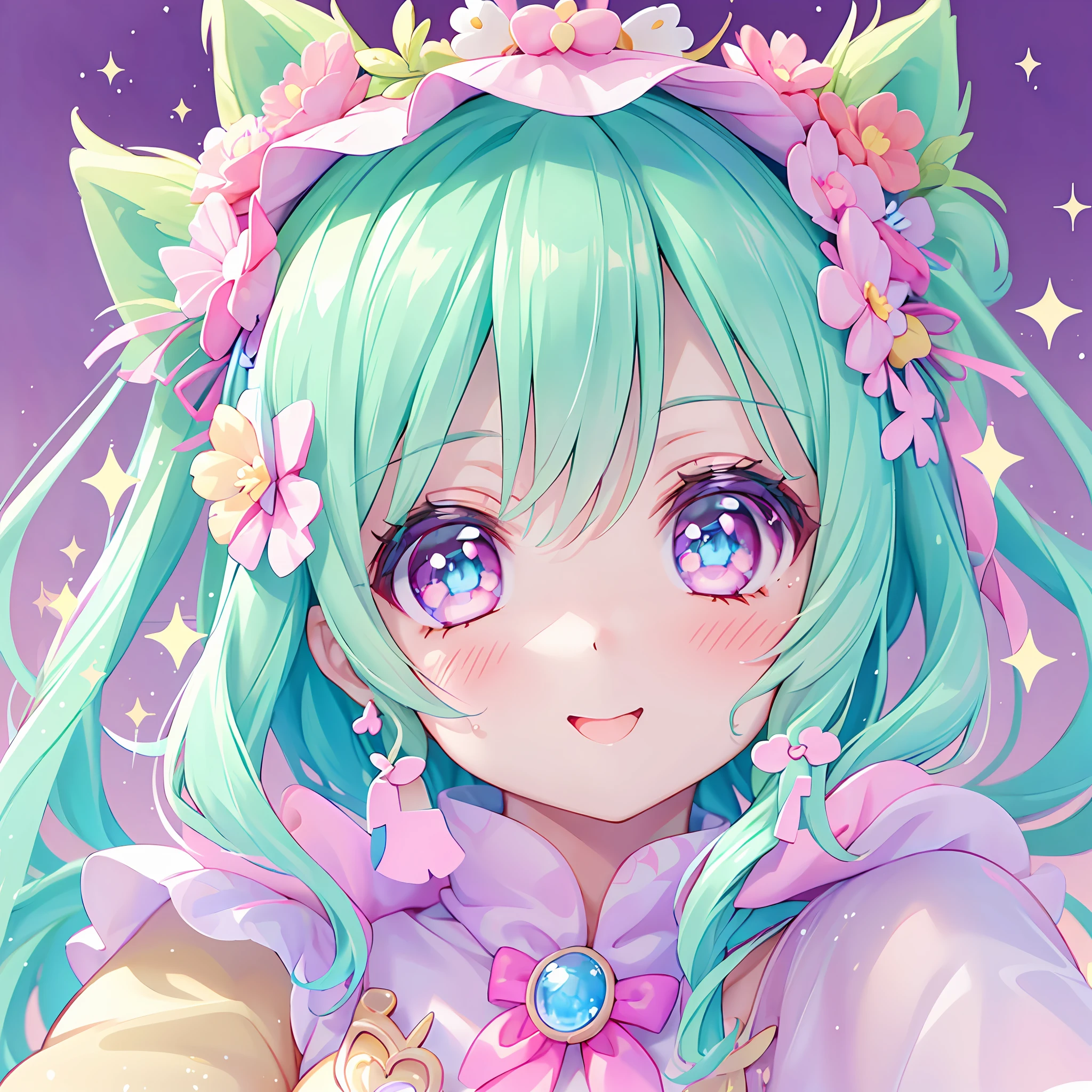 (1girl), idol, closeup, eyes, kawaiitech, kawaii, cute, pastel colors, best quality, happy, deep background