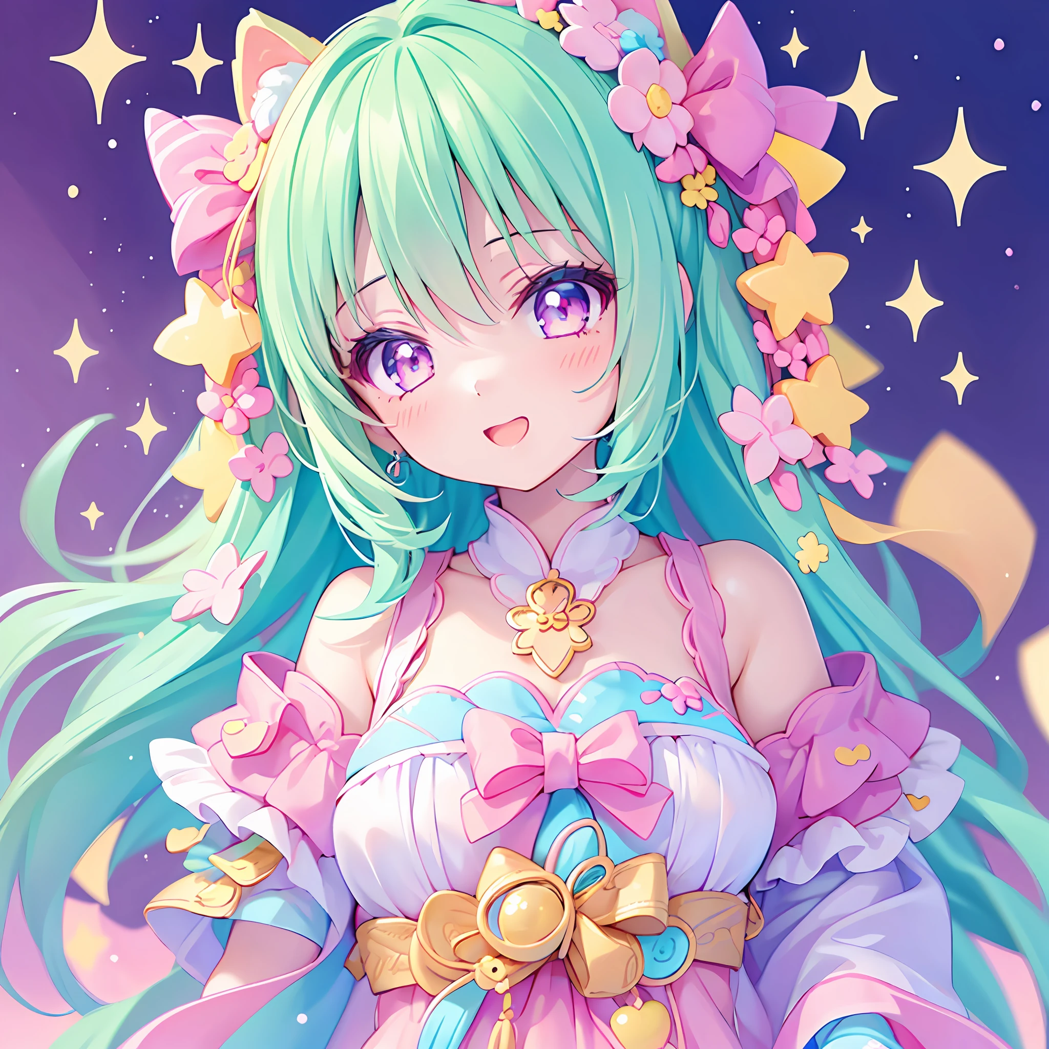 (1girl), idol, closeup, eyes, kawaiitech, kawaii, cute, pastel colors, best quality, happy, deep background