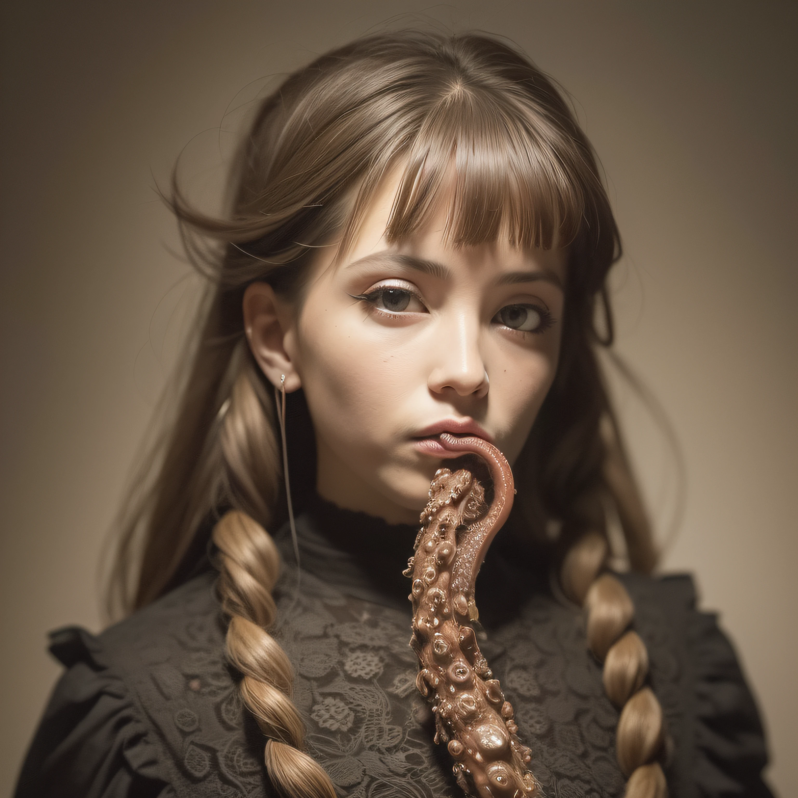 (extremadamente detallado, obra maestra, La mejor calidad), Estilo oscuro, intense illumination, rostro con arrugas, lengua larga, tentacle, deforme, monstruoso, un anciano con Colmillos finos, amenazante. mujer punk. Rococo composition. Luz de caravaggio