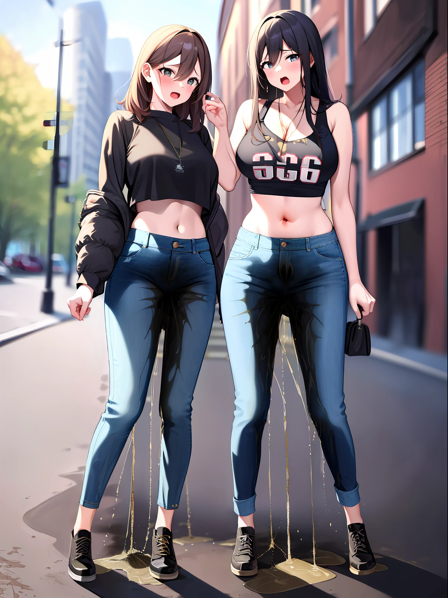 (masterpiece,best quality,high resolution), 3girls, (((jeans pants))), ((full body)), crop top, naval, midriff, blush, worried, open mouth, outside, ((((((big pee stain))))))