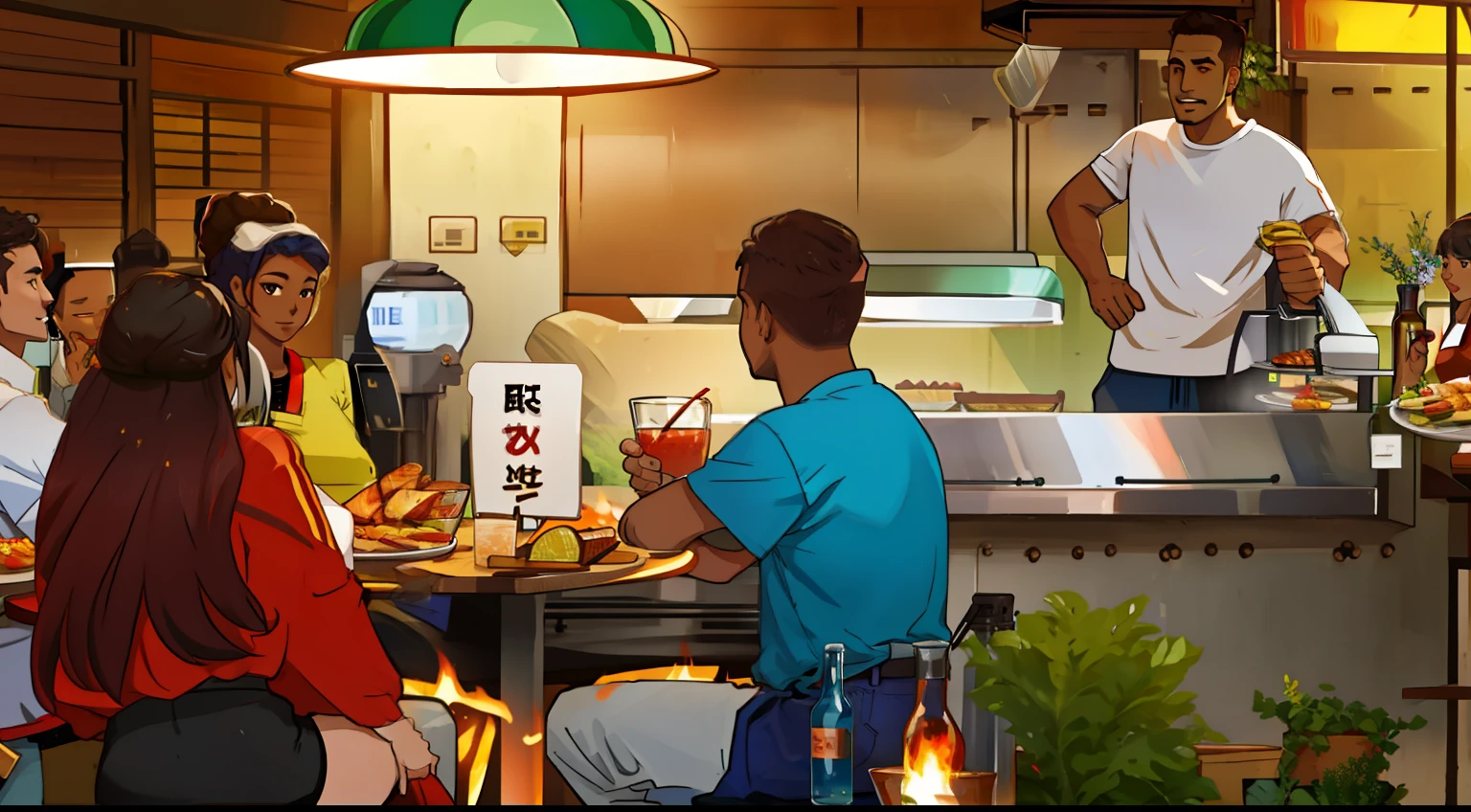The four people in the foreground sit and eat,There is a table card on the table,People in the back are grilling,Grill,