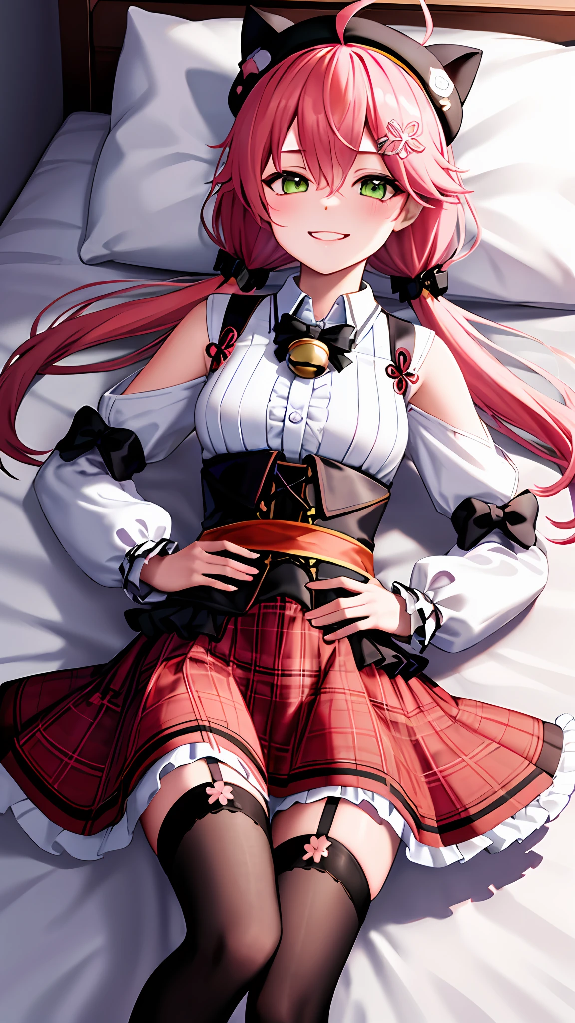 masterpiece, best quality, highres, miko2, sakura miko, 1girl, solo, green eyes, long hair, ahoge, black headwear, hair ornament, white shirt, black thighhighs, pink hair, red skirt, plaid skirt, garter straps, collared shirt, hairclip, frills, bangs, hair between eyes, animal hat, frilled skirt, beret, pleated skirt, hair flower, low twintails, neck bell, cat hat, medium breasts, puffy long sleeves, black bow, underbust, evil smile, hand on hip, lying, lying on bed, bedroom, hands behind,