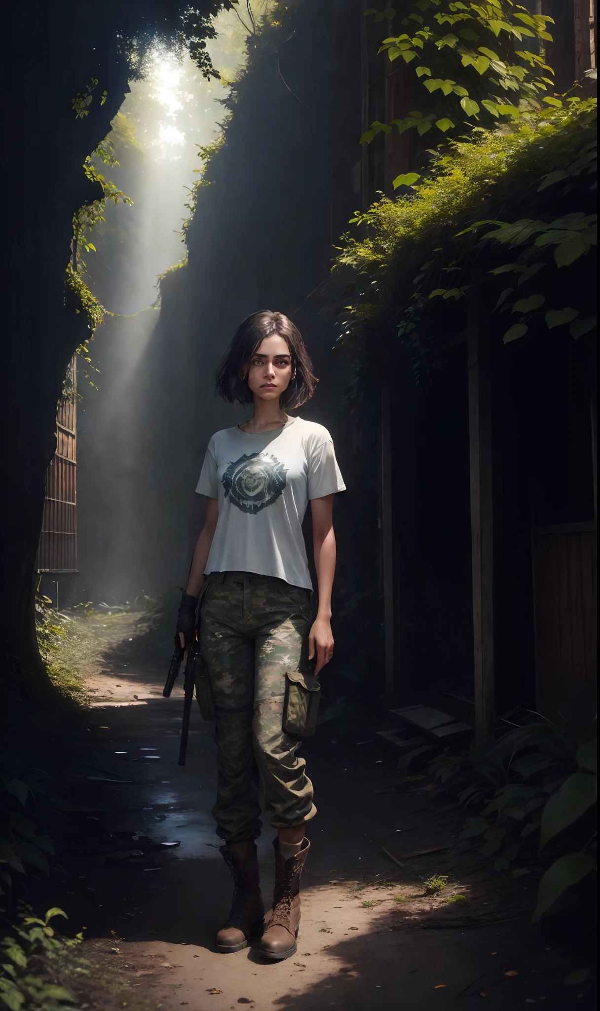 masterpiece, best quality, highres, Arab girl in a post-apocalyptic environment, standing in a large field surrounded by overgrown greenery, holding a weapon, determined expression on her face. The background shows an old city, covered in thick foliage and forests, the remains of the buildings can be seen peeking through the greenery, daylight, the sun shining through the trees. unique blend of nature reclaiming what was once urban and the remnants of a city once stood, concept art, Naughty Dog studio, highly detailed face, looking at viewer, trending on ArtStation, trending on CGSociety, intricate, high detail, highly detailed, sharp focus, dramatic, photorealistic, realistic, sci-fi, fantasy, octane render, row photograph, depth of field, sunbeam, girl in a white basic round neck Tee-shirt, full length tee-shirt, with camouflage pants with boots, Tirkish girl, perfect body, full body, basic tee-shirt