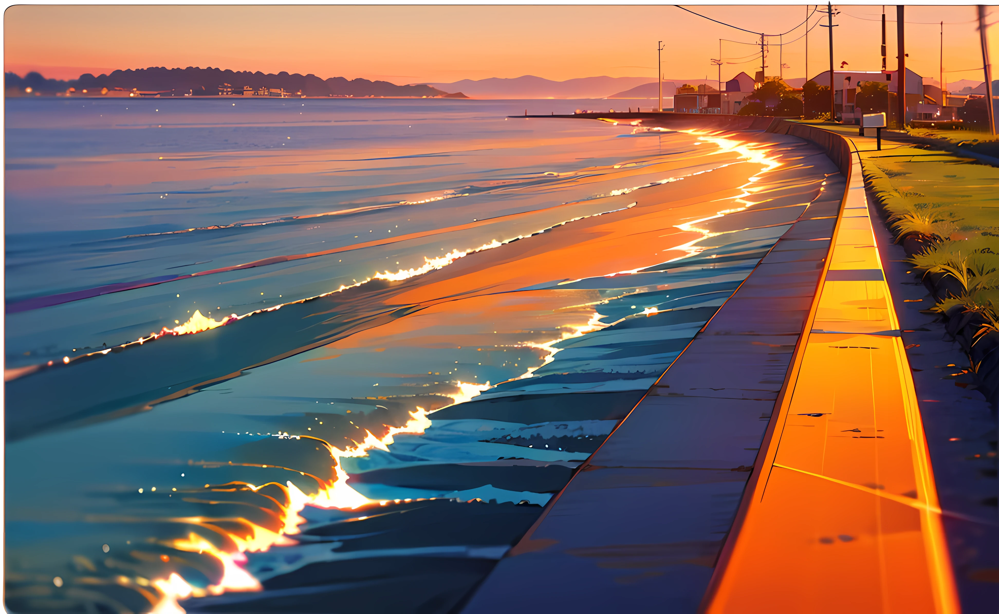 Sunset by the sea, sunset walk, anime, long perspective, horizontal version, literature, Miyazaki Hayao