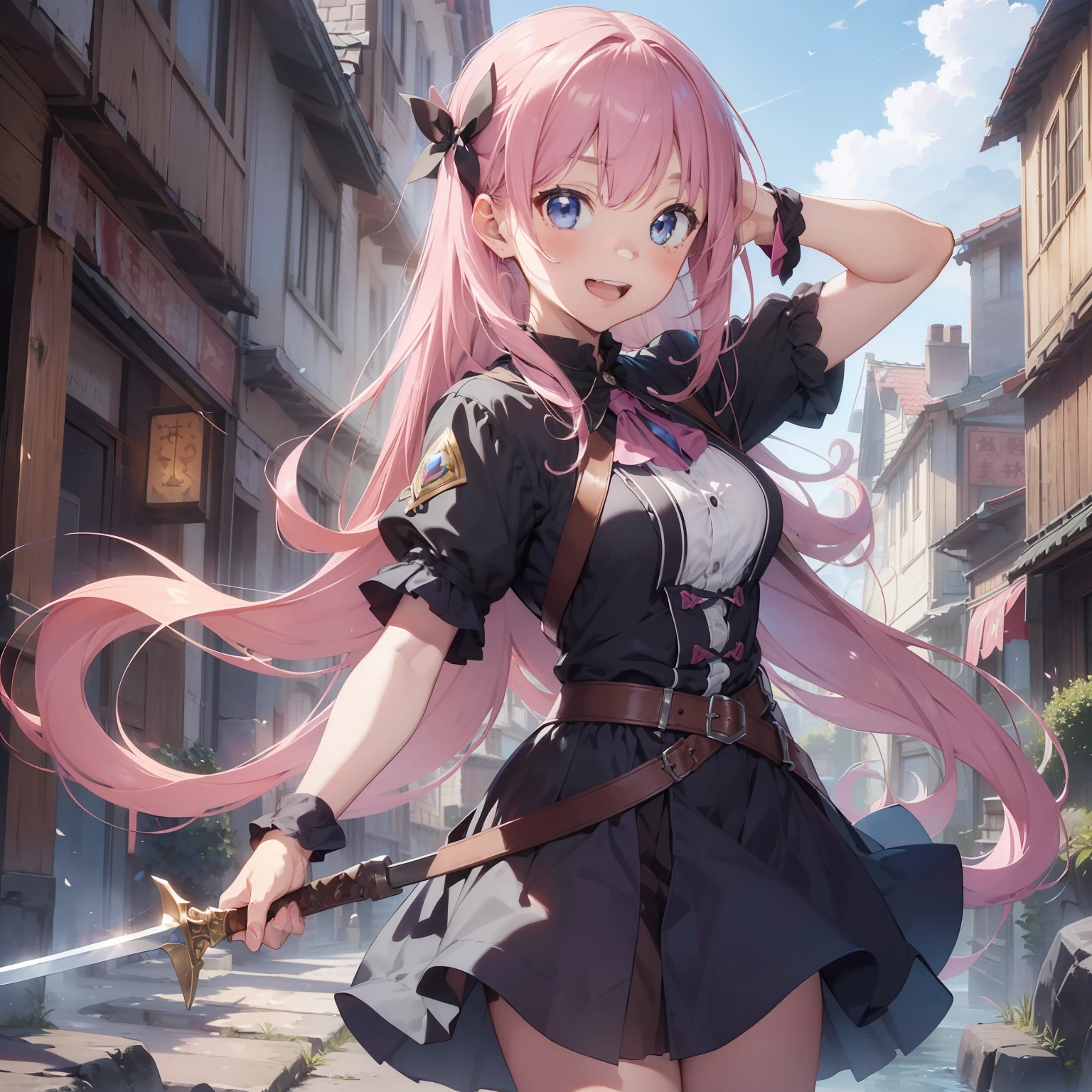 (superfine illustration:1.2),(masutepiece, 8K), (Best Quality, High quality:1.4), portlate、((Super Pastel)),Perfect Anatomy, Hyper Detailed, ultra-detailliert,masterpiece background,beautiful detailed background, V8K Wallpapers,perfect design, 1girl in, Solo, (Outstretched arms,slender, Very short sleeves,Pink hair,Magic Swordsman's Clothing, Lots of lace patterns、Outstanding smile、 frombelow, Cowboy Shot:1.2), (lightsmile, Open mouth, , Pink hair, (Super long hair,Twin-tailed), Blue eyes, Blue eyes, Light blue blouse, Short sleeves, Adventurer-style magic swordsman costume、Cute Magic Swordsman、 long boots, Slender girl), (Fairy world in medieval European fantasy world)、Wielding a sword